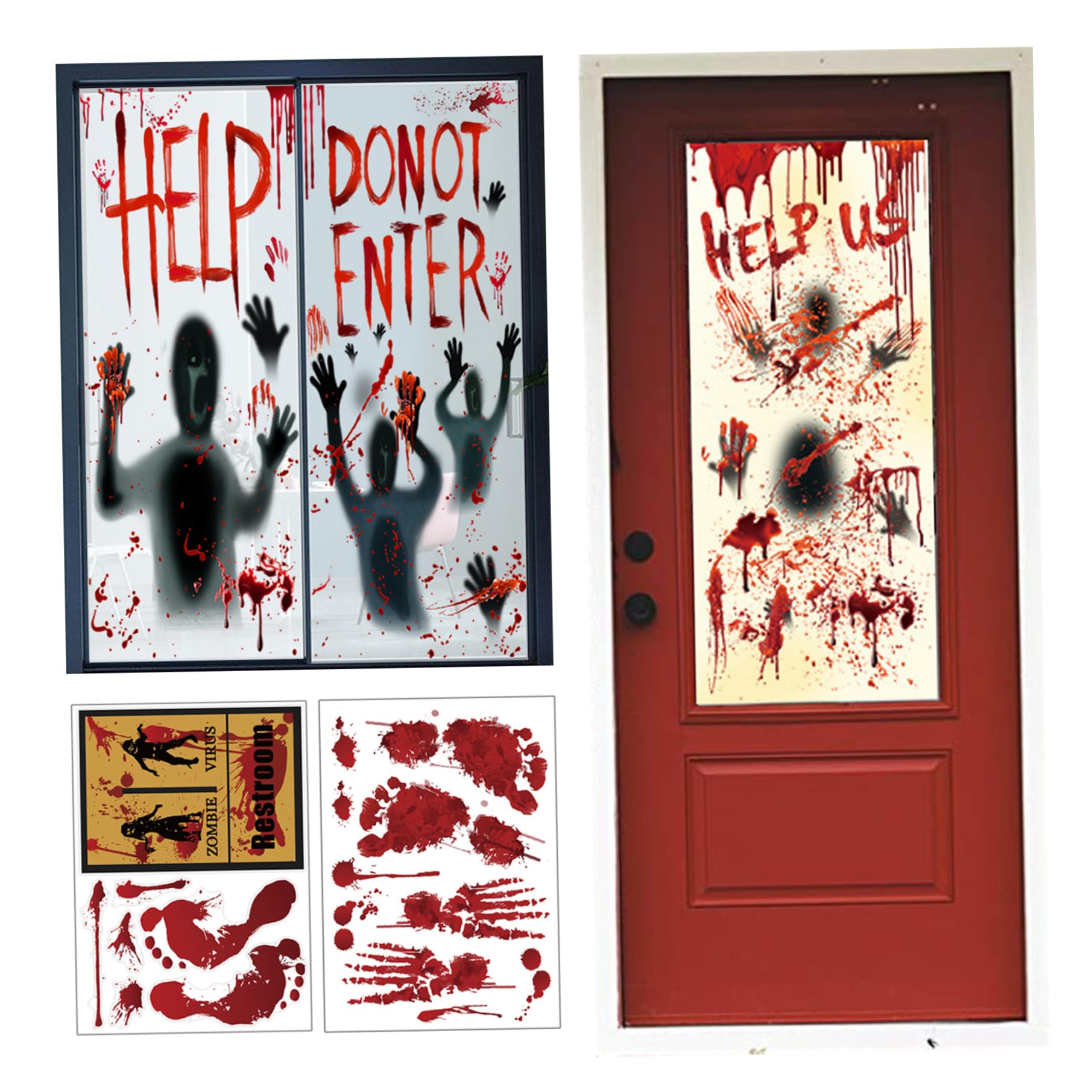 Scary Halloween Window Stickers 5PCS Set - Bloody Handprint & Footprint Window Clings with Door Decal for Halloween Party Decorations - Perfect for Haunted House, Spooky Classroom & Trick-or-Treat Decor