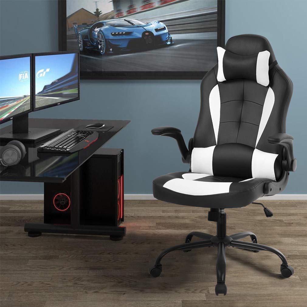 Premium Gaming Chair - Ergonomic Racing Style High Back Office Chair with Lumbar Support & Headrest, PU Leather Executive Swivel Computer Desk Chair for Home & Work (White) - Perfect for Gamers, Streamers & Remote Workers