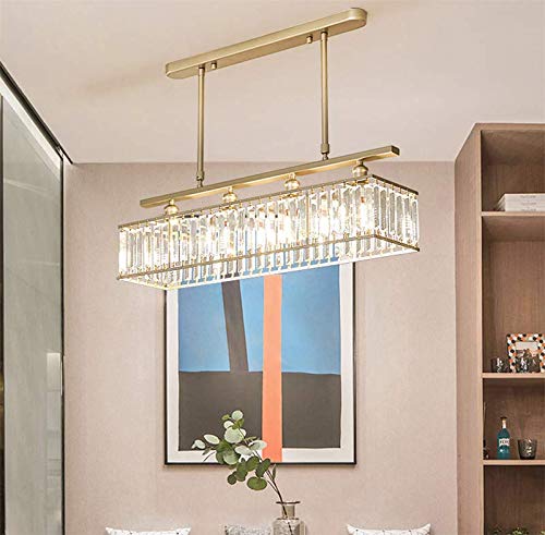 LITFAD Modern Rectangle Pendant Light - 4-Light Gold Metal Chandelier with Clear Crystal LED Hanging Fixture for Living Room, Dining Room, Restaurant & Bar | Elegant Lighting for Home Decor and Commercial Spaces