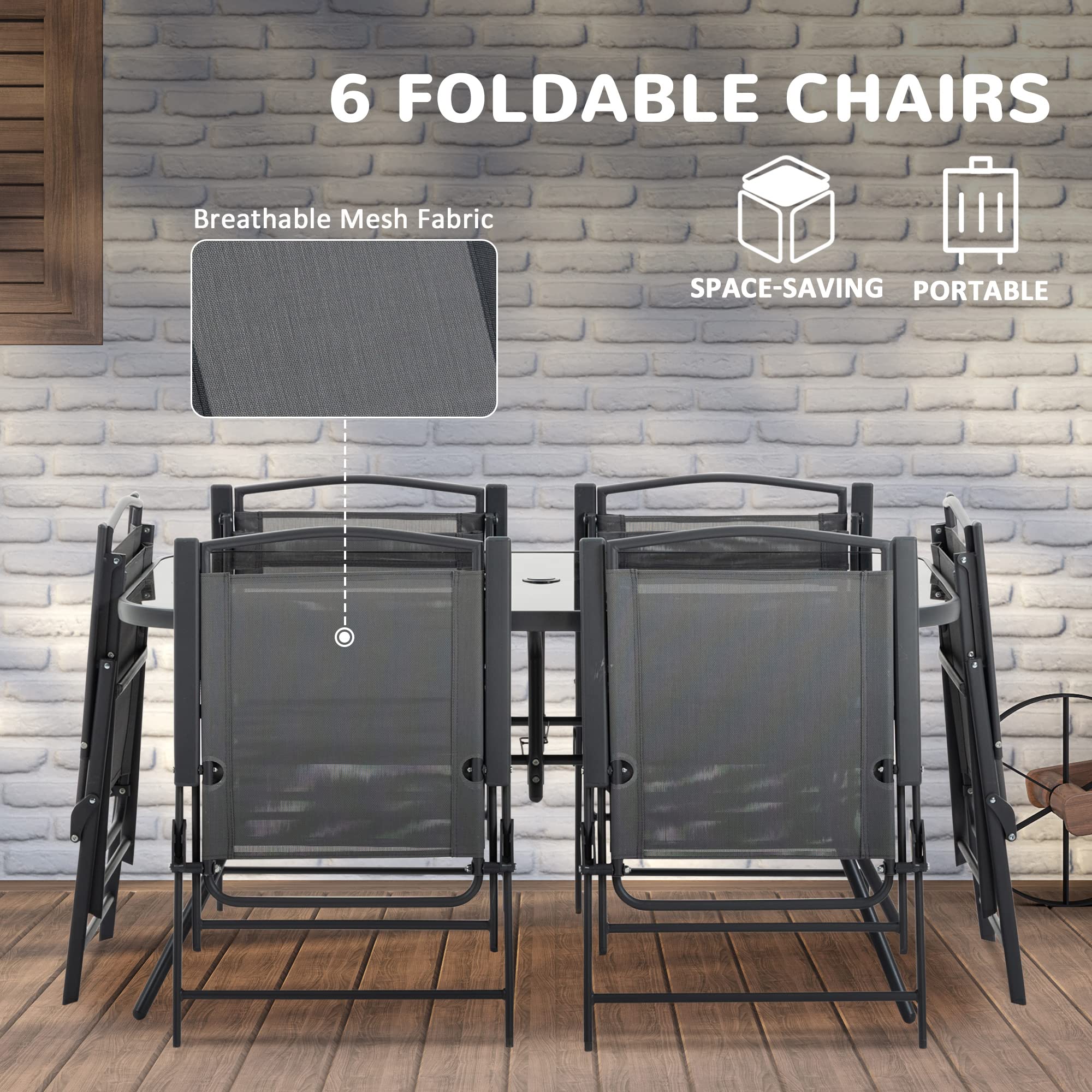 Outsunny 8-Piece Black Patio Dining Set with Rectangle Table, 6 Folding Chairs & Umbrella | Outdoor Furniture for Garden, Backyard & Poolside Dining