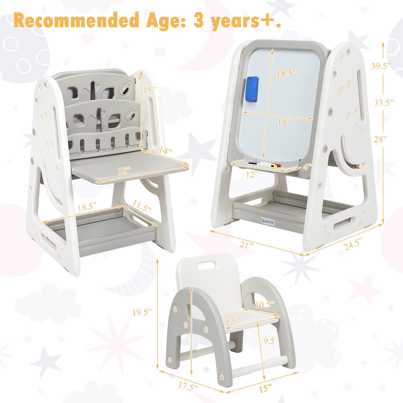 LDAILY 4-in-1 Kids Art Easel Set with Adjustable Magnetic Dry Erase Board, Chair, Markers & Letter Magnets - Double-Sided Standing Drawing Board for Toddlers & Preschoolers - Perfect for Home, Classroom & Creative Play (Grey)