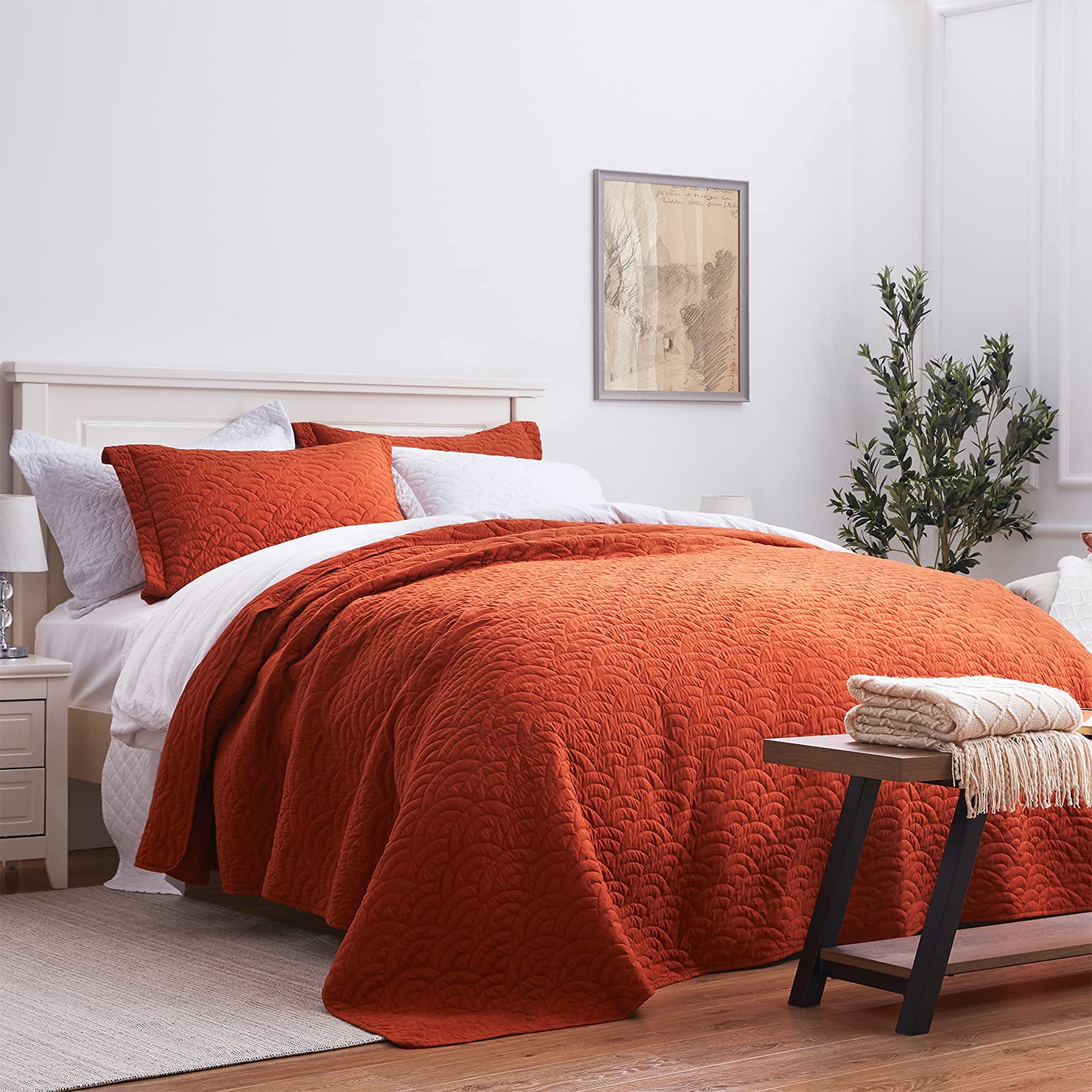 SunStyle Full/Queen Size Burnt Orange Quilt Set - 3 Piece Cloud Pattern Bedspread Coverlet with 2 Shams (90