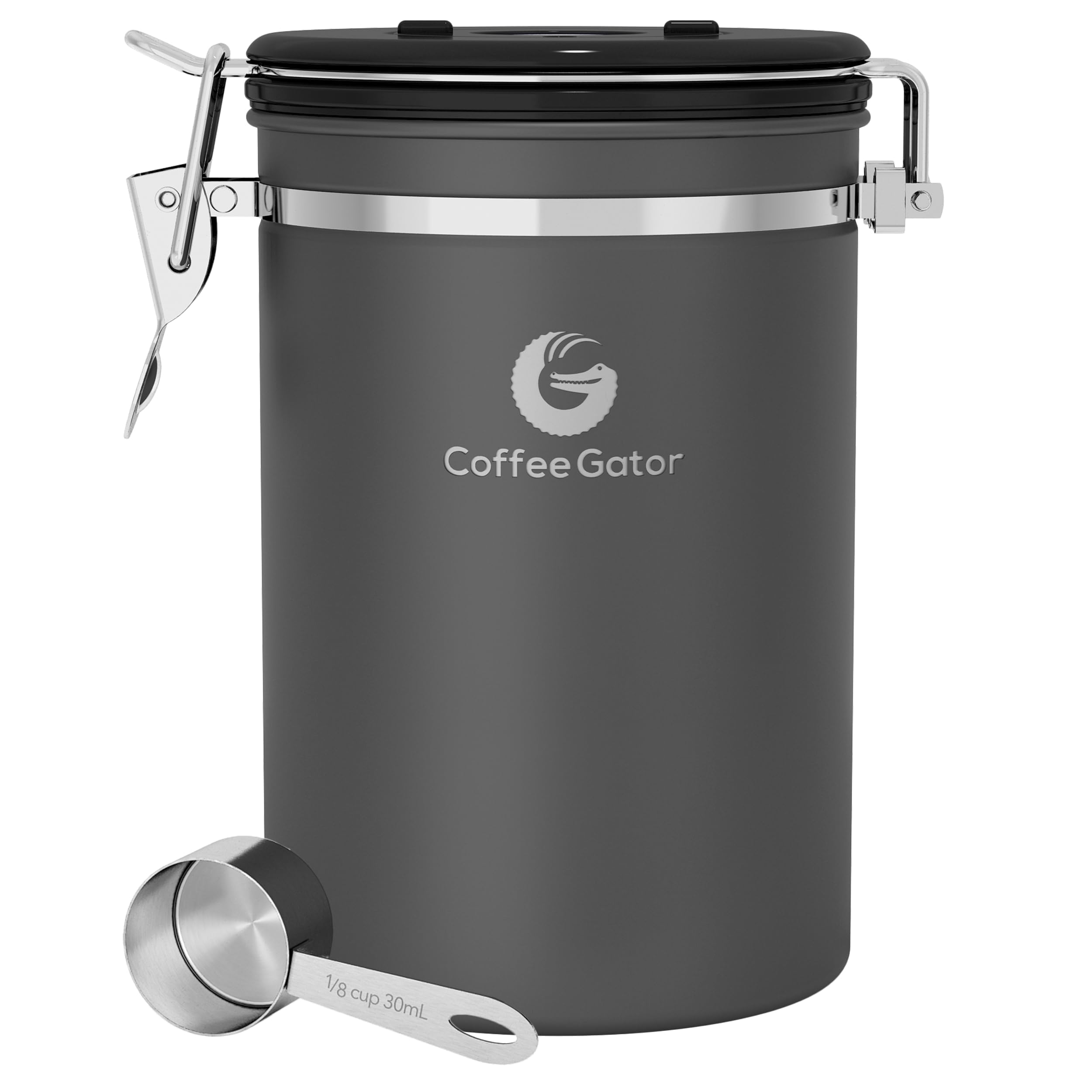 Premium Coffee Gator Airtight Coffee Canister – 22oz Large Ground Coffee Storage Container with Magnetic Scoop (Gray) – Ideal for Kitchen, Office & Camping Freshness