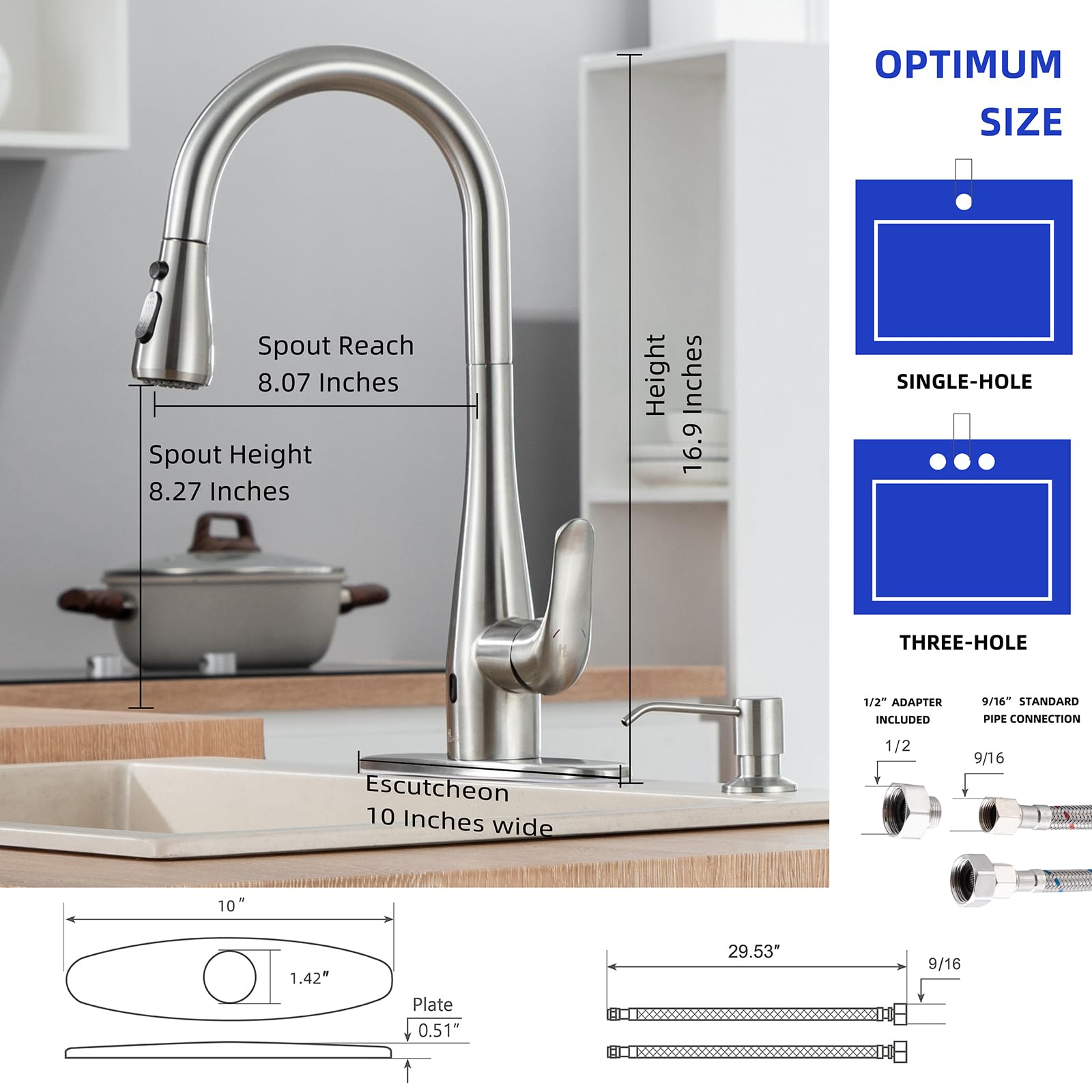 Touchless Kitchen Faucet with Soap Dispenser & Pull Down Sprayer - Motion Sensor Single Handle Kitchen Sink Faucet, 1 or 3 Hole Installation, Brushed Nickel Finish for Modern Farmhouse, RV, Bar & Restaurant Sinks - Ideal for Hands-Free Cooking, Dishwashing & Hygiene Maintenance