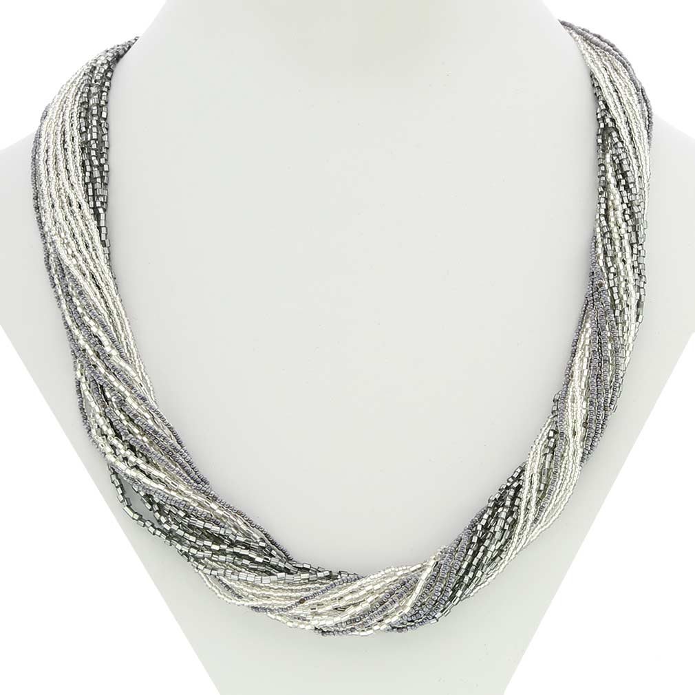 Venetian Murano Glass Gloriosa 24-Strand Seed Bead Necklace in Silver Grey - Elegant Jewelry for Weddings, Parties & Special Occasions