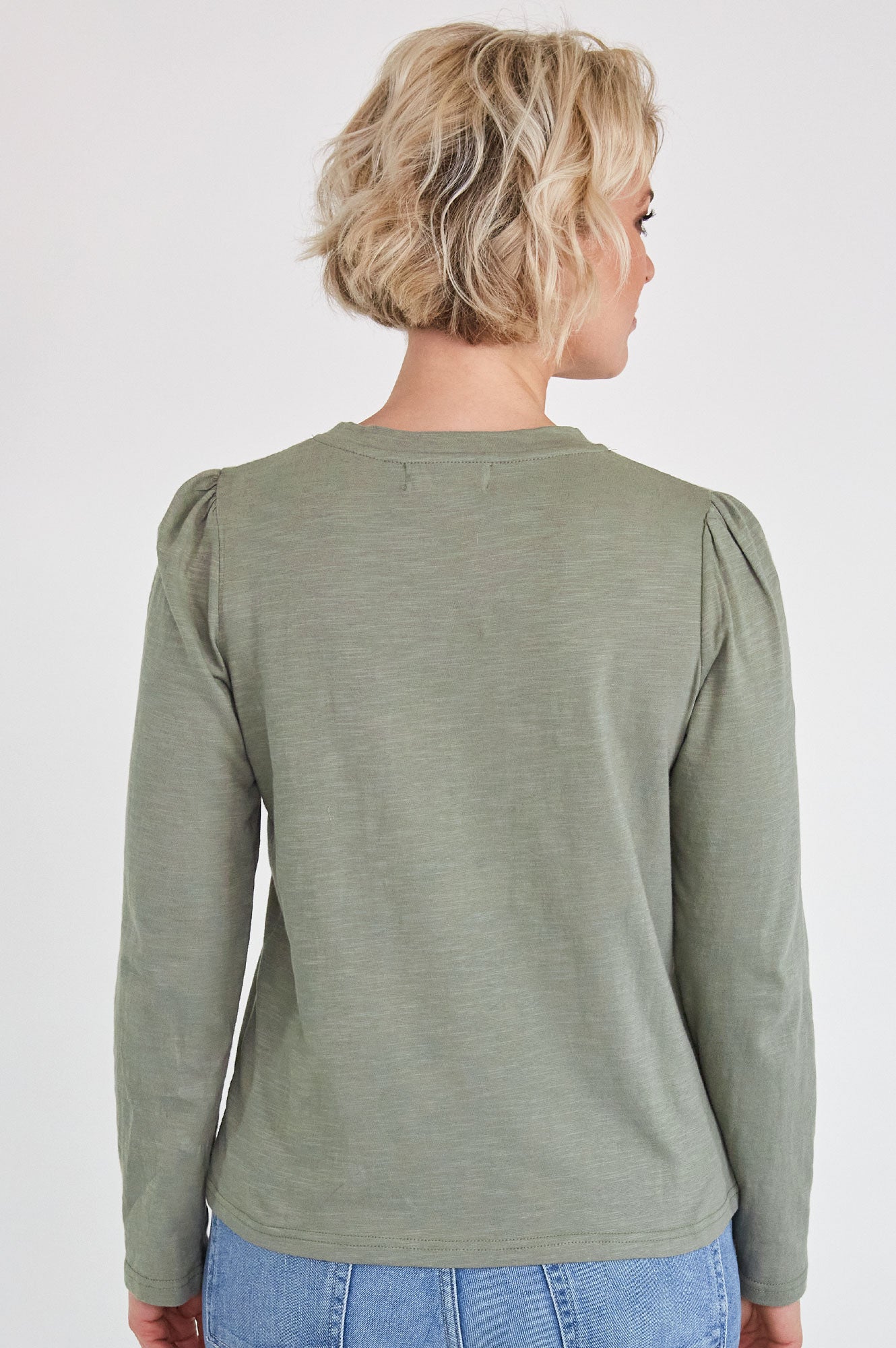 Long Sleeve Puff Shoulder T-Shirt for Women - Khaki Casual Top | Perfect for Fall Outfits, Date Nights & Office Wear
