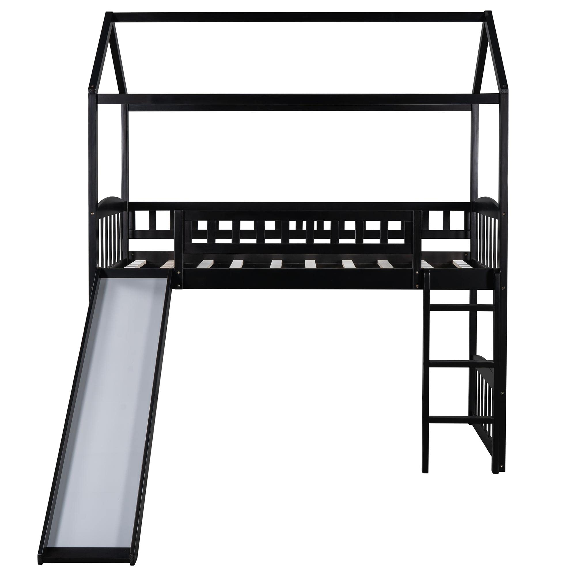 JINS&VICO Twin Loft Bed with Slide and Ladder - Wooden House Style Bunk Bed with Roof & Safety Guardrails for Kids - Espresso Finish (77.4
