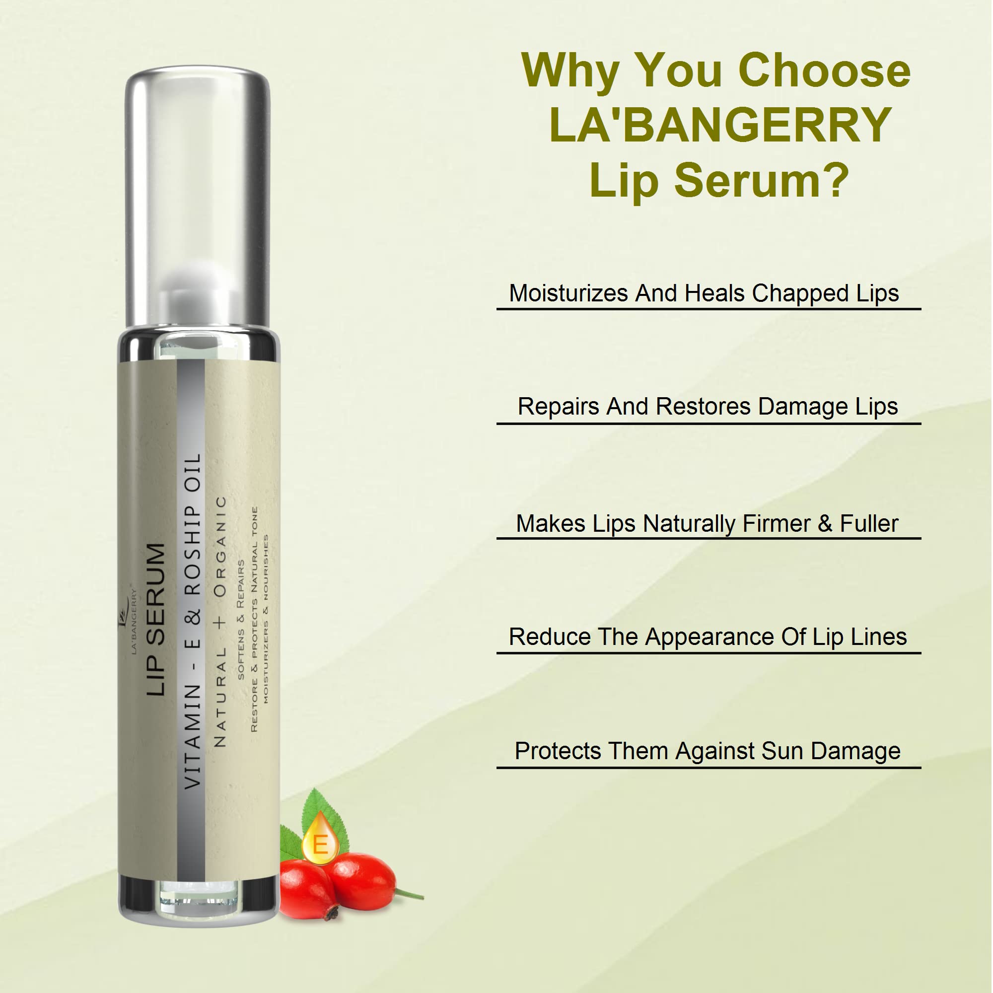 LA'BANGERRY Natural Lip Care Serum - Hydrating & Moisturizing Treatment for Dry Lips | Cruelty-Free, Paraben-Free Formula for Fuller, Beautiful Lips (10ml) | Perfect for Daily Lip Care & Nighttime Treatment