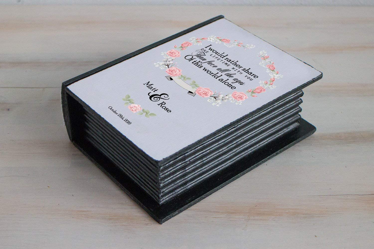 Personalized Wedding Ring Box - Black & White Ring Bearer Box with Blush Pink Roses, Floral Engagement Ring Holder for Spring Weddings, Bridal Showers & Proposals - Elegant Gift Box for Jewelry Storage