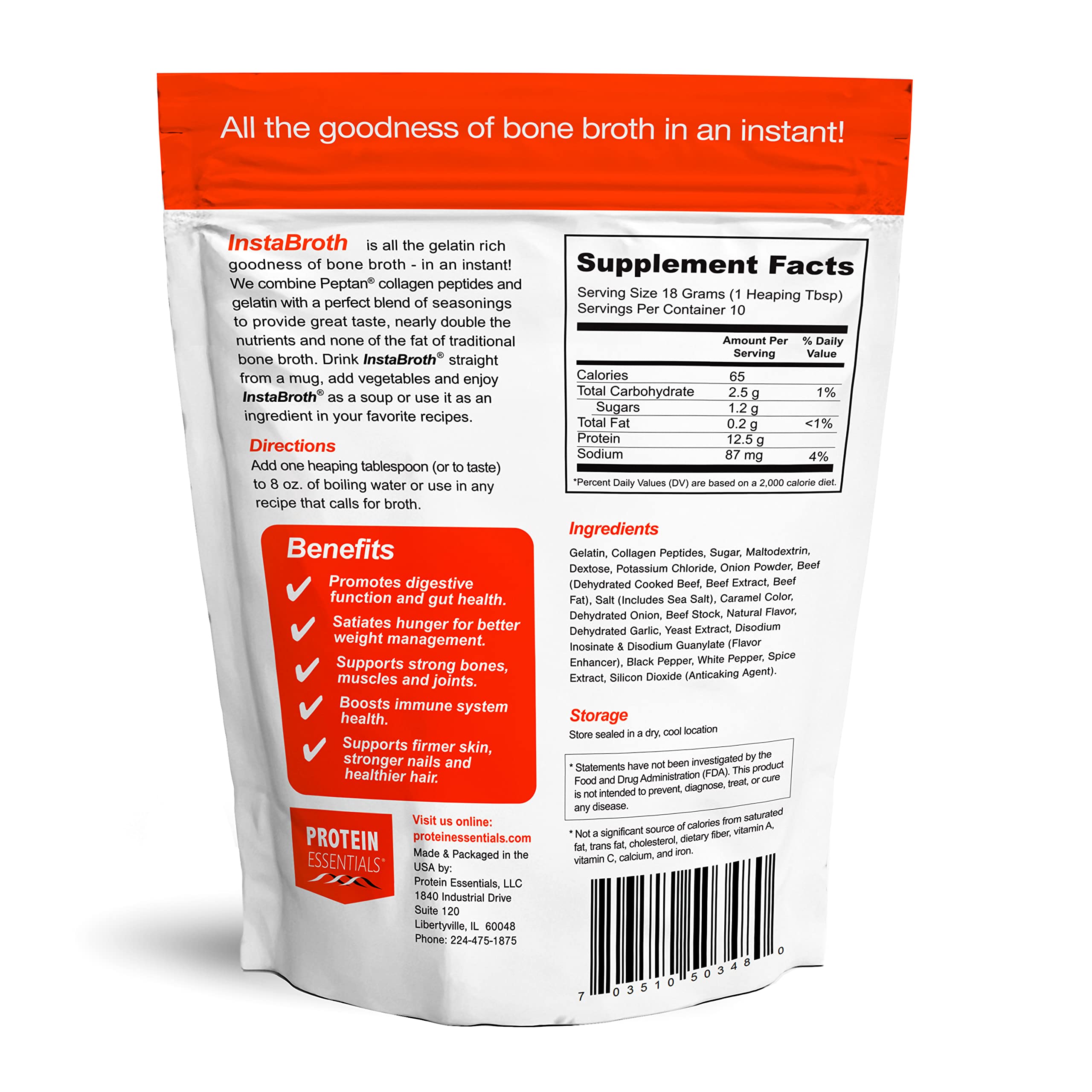 InstaBroth Beef Bone Broth Powder - Grass Fed, Pasture Raised Collagen & Gelatin - 12.5g Protein per Serving (6.4oz) | Keto, Paleo & Whole30 Friendly | Perfect for Soups, Smoothies & Post-Workout Recovery