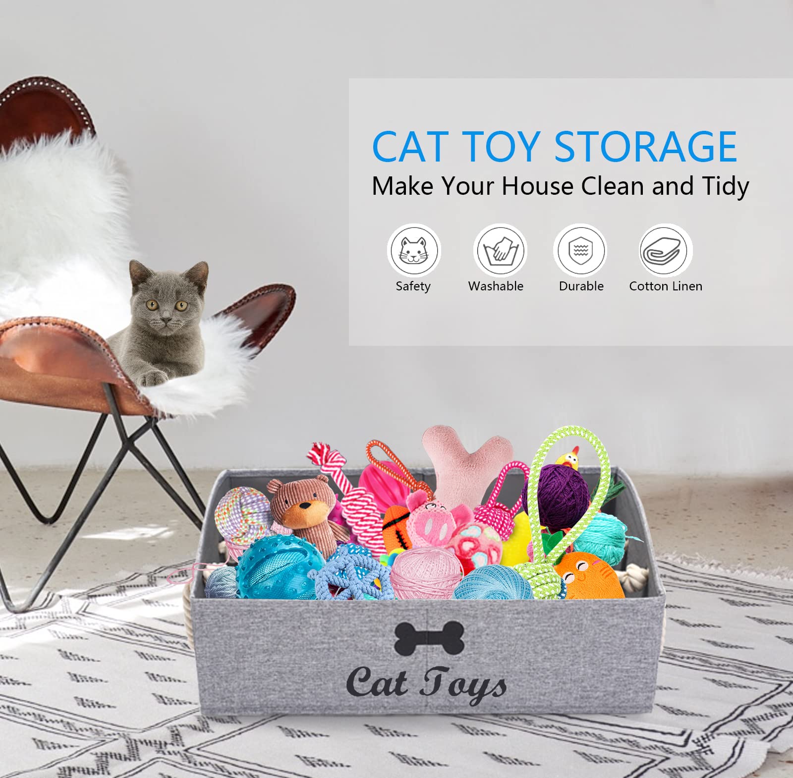 Large Cat Toy Storage Bin - Collapsible Shallow Basket for Living Room, Playroom & Closet Organization - Snow Gray Rectangle Cat Toy Box | Perfect for Pet Toys, Home Decor & Kids Room Storage
