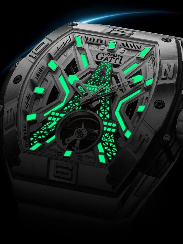 BONEST GATTI Men's Automatic Mechanical Watch - 5ATM Waterproof Sapphire Crystal Tonneau Case with Luminous Eiffel Tower Dial & Fluororubber Strap | Dress Watch for Business, Formal Occasions & Everyday Wear