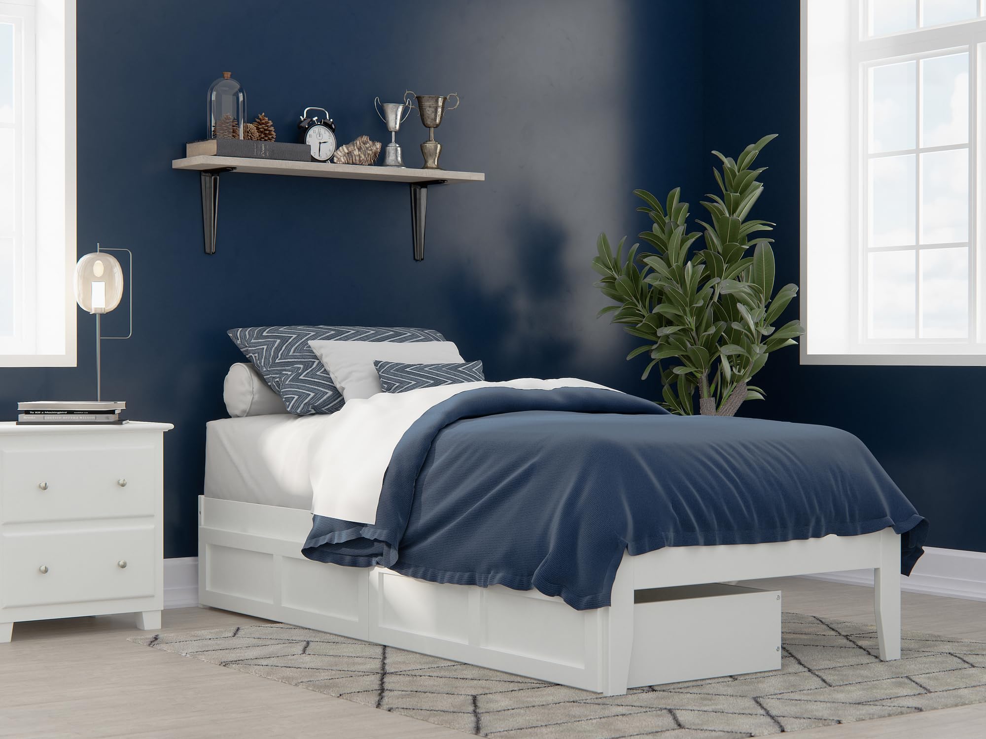 AFI Colorado Twin XL Platform Bed Frame with 2 Storage Drawers & USB Charging Ports - White Wooden Bed for Small Spaces, Dorm Rooms & Guest Bedrooms