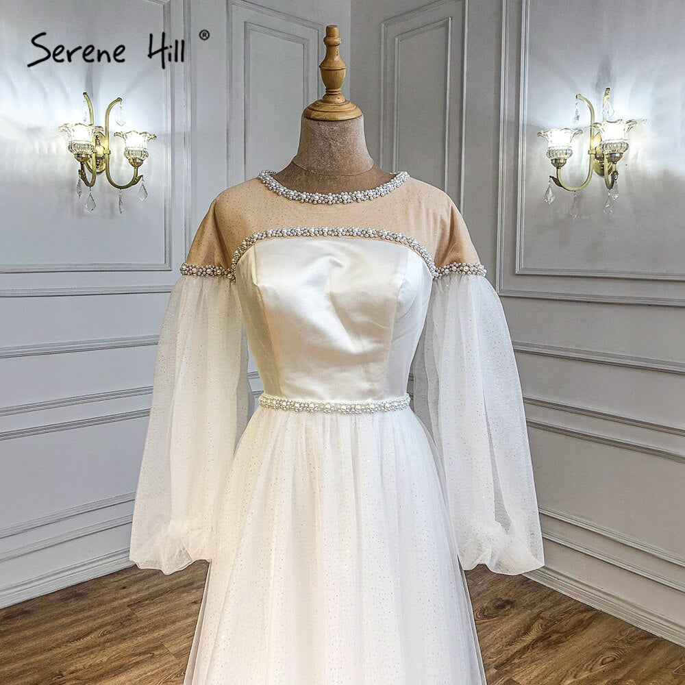 Serene Hill Ivory A-Line Sexy Evening Dresses for Women 2025 - Beaded Pearl Lantern Sleeve Gowns for Parties, Prom & Formal Events | LA71190