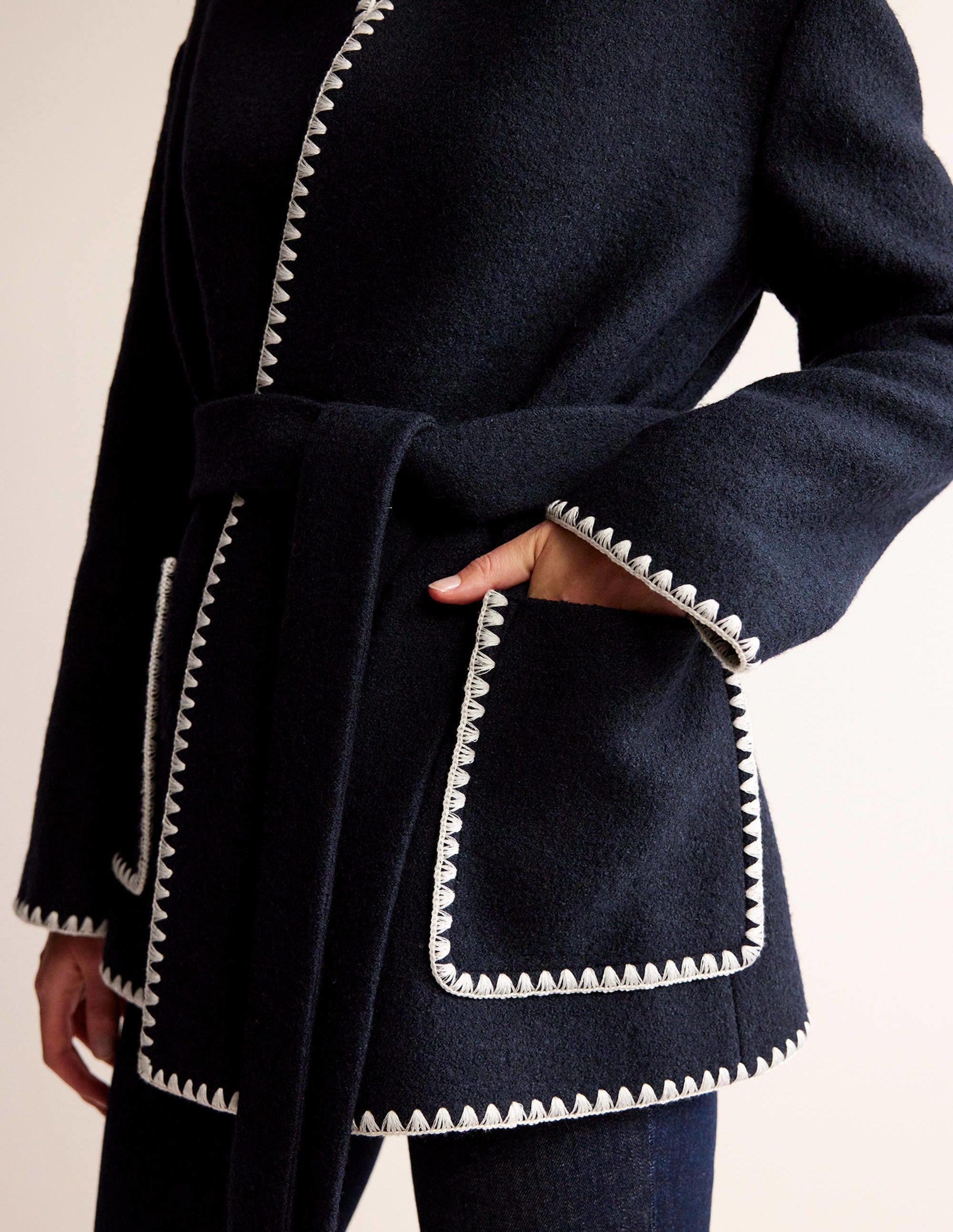 Women's Navy Blue Belted Short Wrap Coat - Stylish Outerwear for Fall & Winter | Perfect for Office, Date Night & Casual Outings