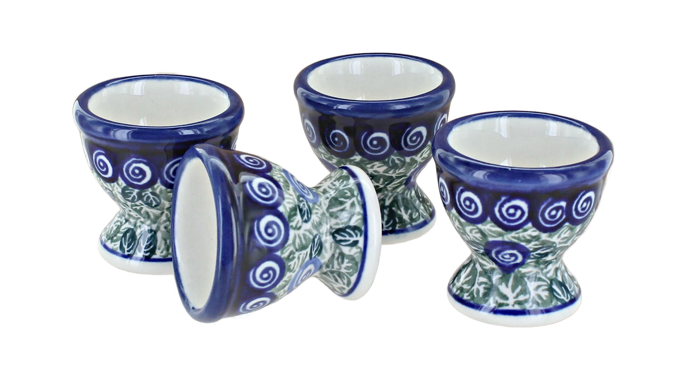 Handmade Blue Rose Polish Pottery Seaside Swirl Egg Cup Set - 4 Piece Ceramic Breakfast Tableware for Easter, Tea Parties & Coastal Home Decor