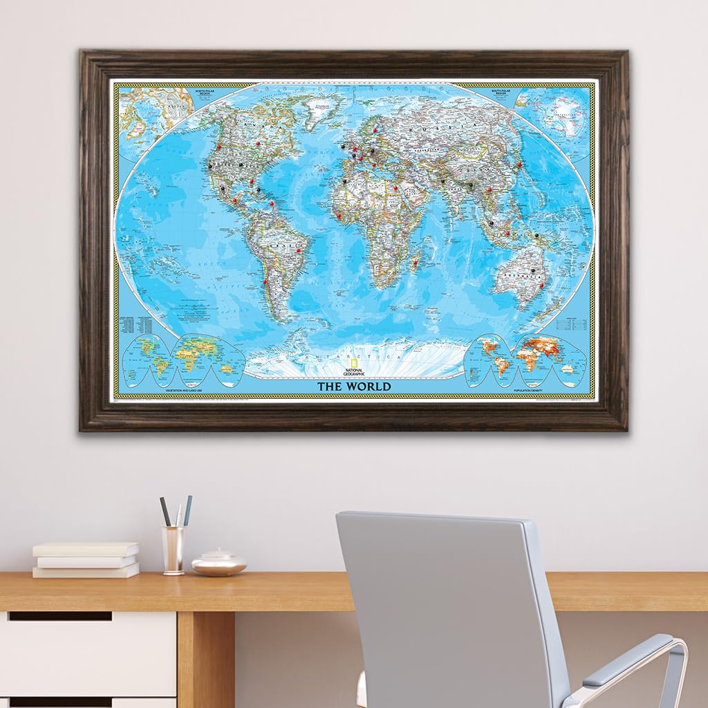 Push Pin Travel Map - Solid Wood Brown World Map with 150 Pins for Tracking Adventures - 27.5
