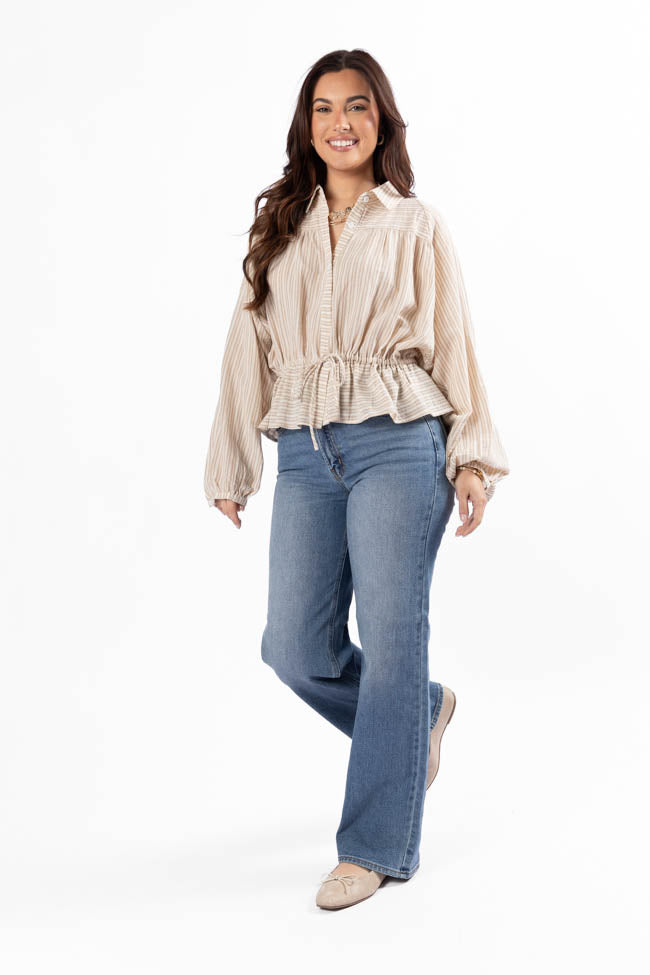 Stylish Taupe Striped Drawstring Button Down Blouse for Women - Comfortable Casual & Office Wear - Perfect for Work, Dates & Everyday Outfits