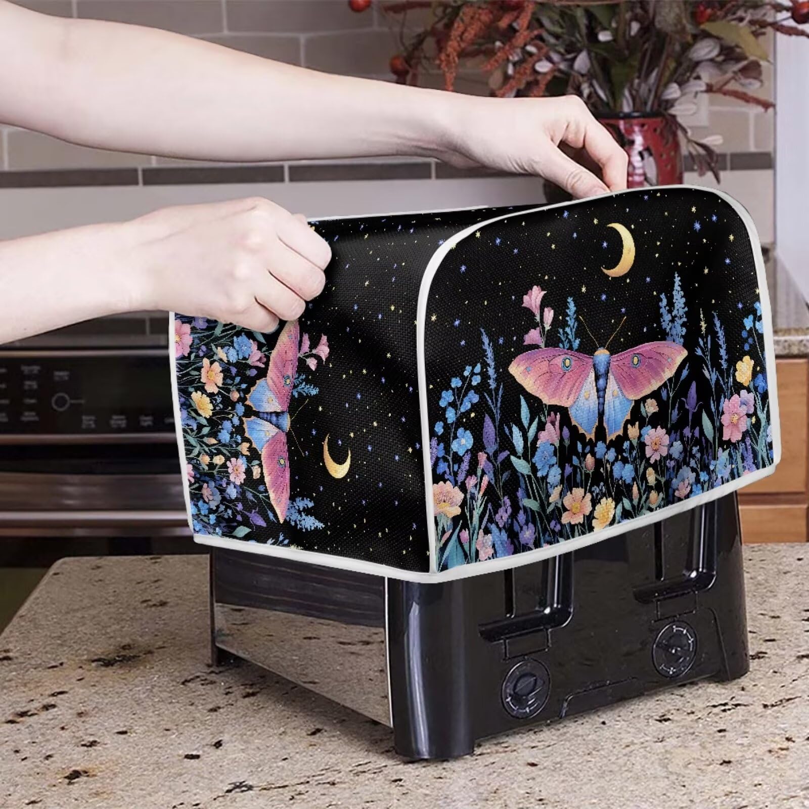 Xoenoiee Butterfly Floral Moon Toaster Cover - Dust Proof 4 Slice Toaster Oven Cover for Kitchen, Small Appliance Accessories, Perfect for Home, Office, and Dorm Use