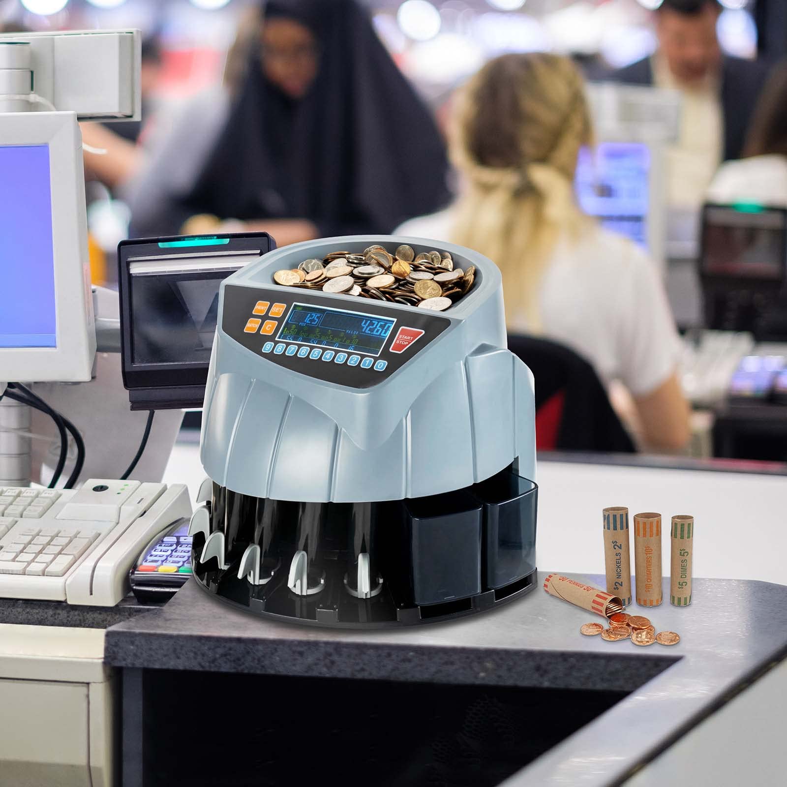 MUNBYN High-Speed Coin Counter and Sorter Machine - Counts 1¢, 5¢, 10¢, 25¢, 50¢ & Dollar Coins (250 Coins/Min) with 6 Sorting Bins | Compatible with Printer & Batch Mode | Perfect for Banks, Retail Stores, and Small Businesses