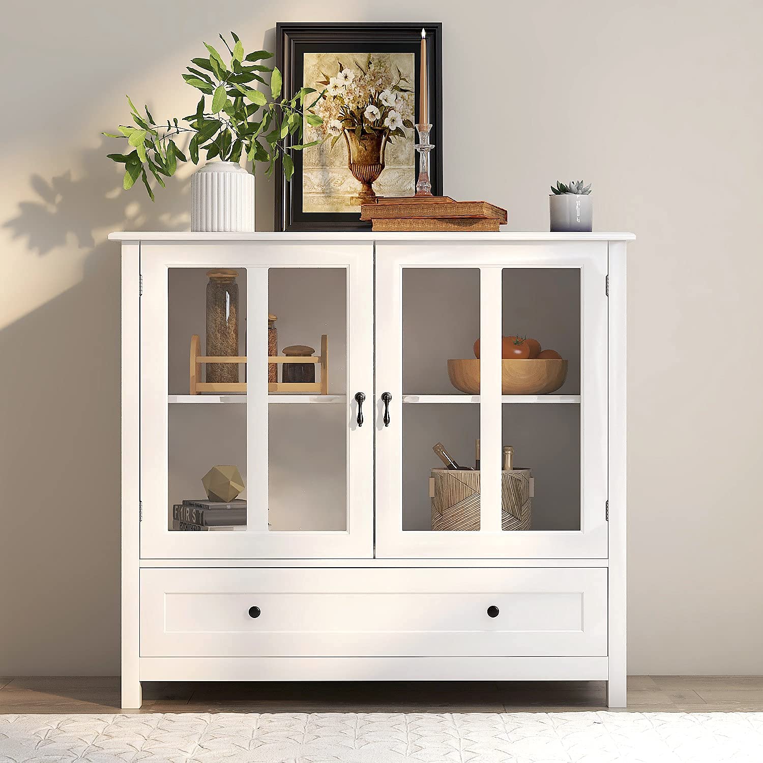 Henf Kitchen Sideboard Buffet Storage Cabinet - Freestanding Floor Cupboard with Double Glass Doors, Drawer & Adjustable Shelves | Perfect for Dining Room, Kitchen Storage & Home Organization | Ideal for Storing Dishes, Linens & Serving as Buffet Table