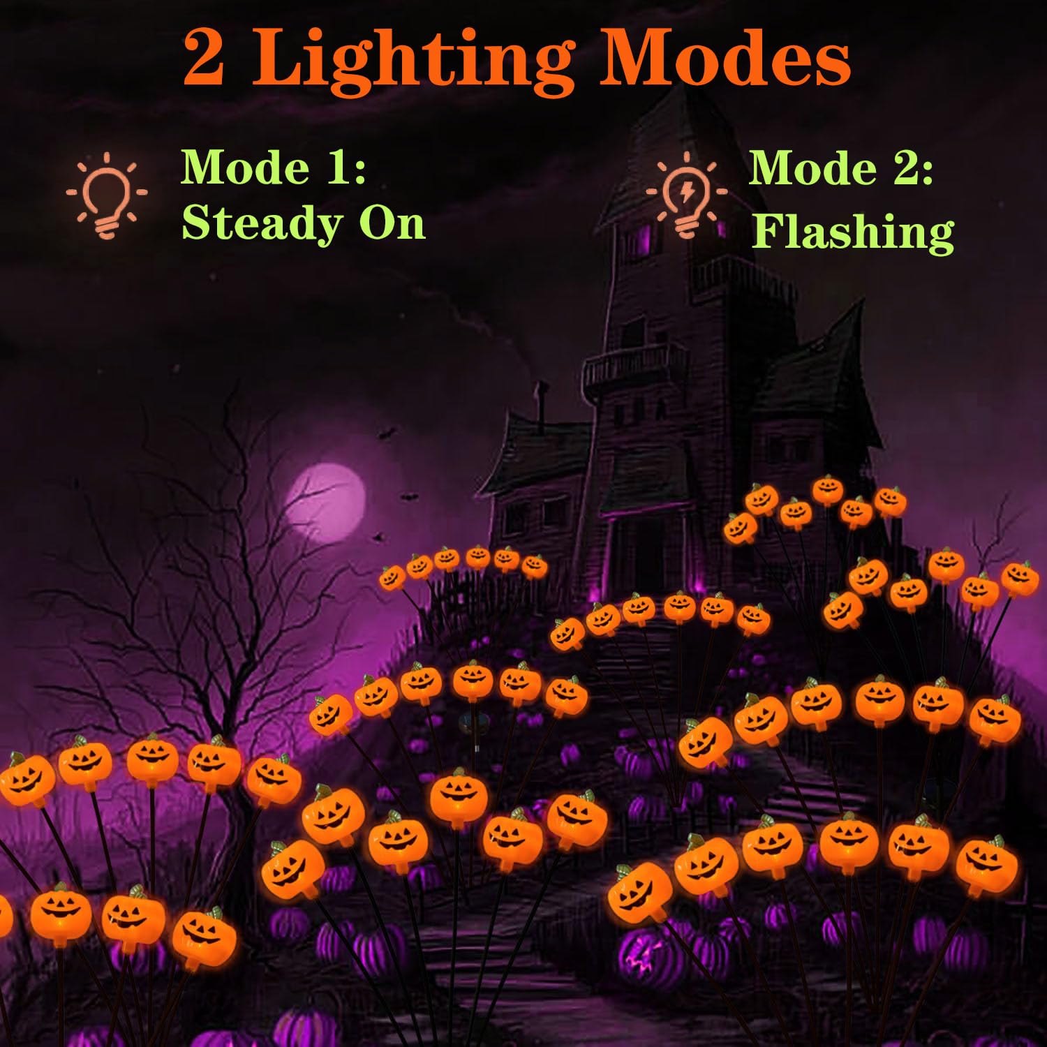 2 Pack Solar Halloween Pumpkin Stake Lights - Waterproof Outdoor Jack-O-Lantern Firefly Lights for Yard, Lawn & Garden Decor | Perfect for Pathway Lighting & Spooky Halloween Atmosphere