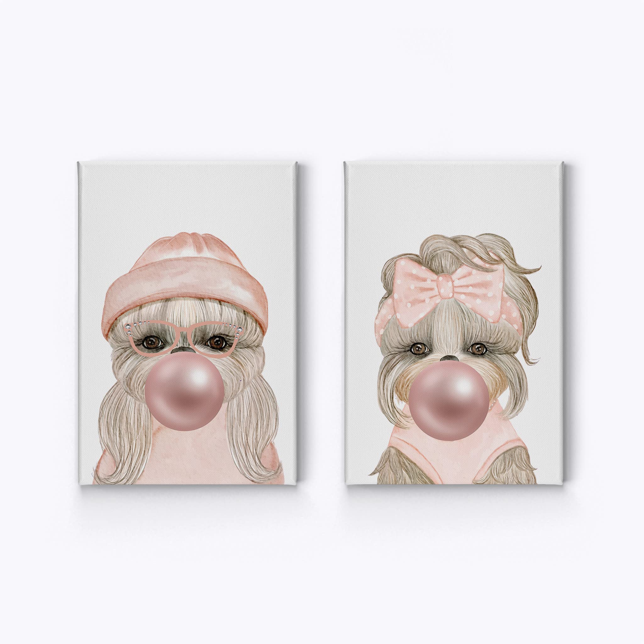 Smile Art Design Dog Portrait Canvas Wall Art - Pink Hat & Ribbon Chewing Bubble Gum, 2-Piece Pop Art Animal Print Set (28x19 Inches) for Living Room, Bedroom, Nursery & Kids Room Decor