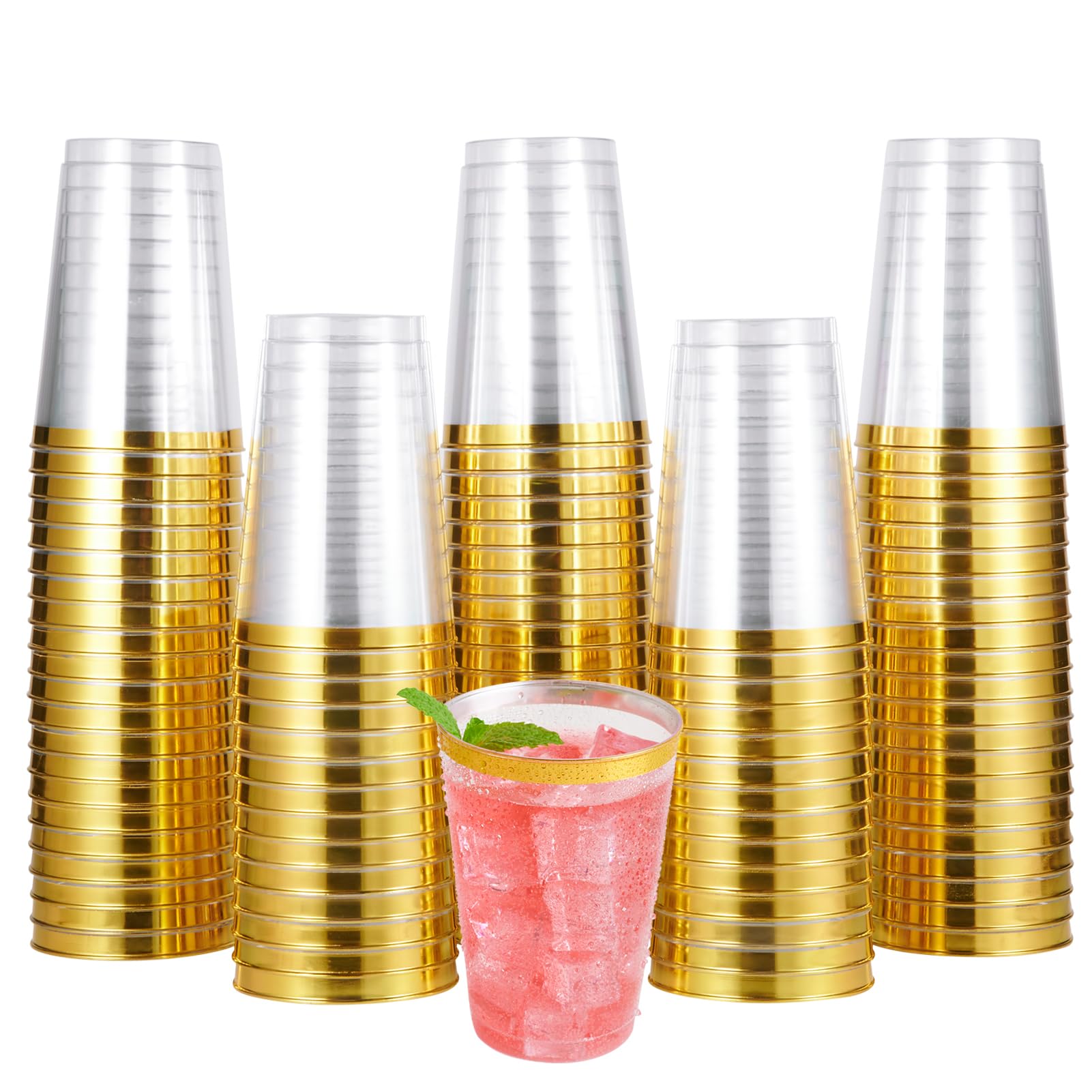 JOLLY CHEF 100-Pack 12oz Clear Plastic Cups with Gold Rim - Elegant Disposable Tumblers for Wedding, Party, Thanksgiving & Christmas - Perfect for Cocktails, Beverages & Celebrations - Ideal for Home Entertaining, Office Events and Holiday Gatherings