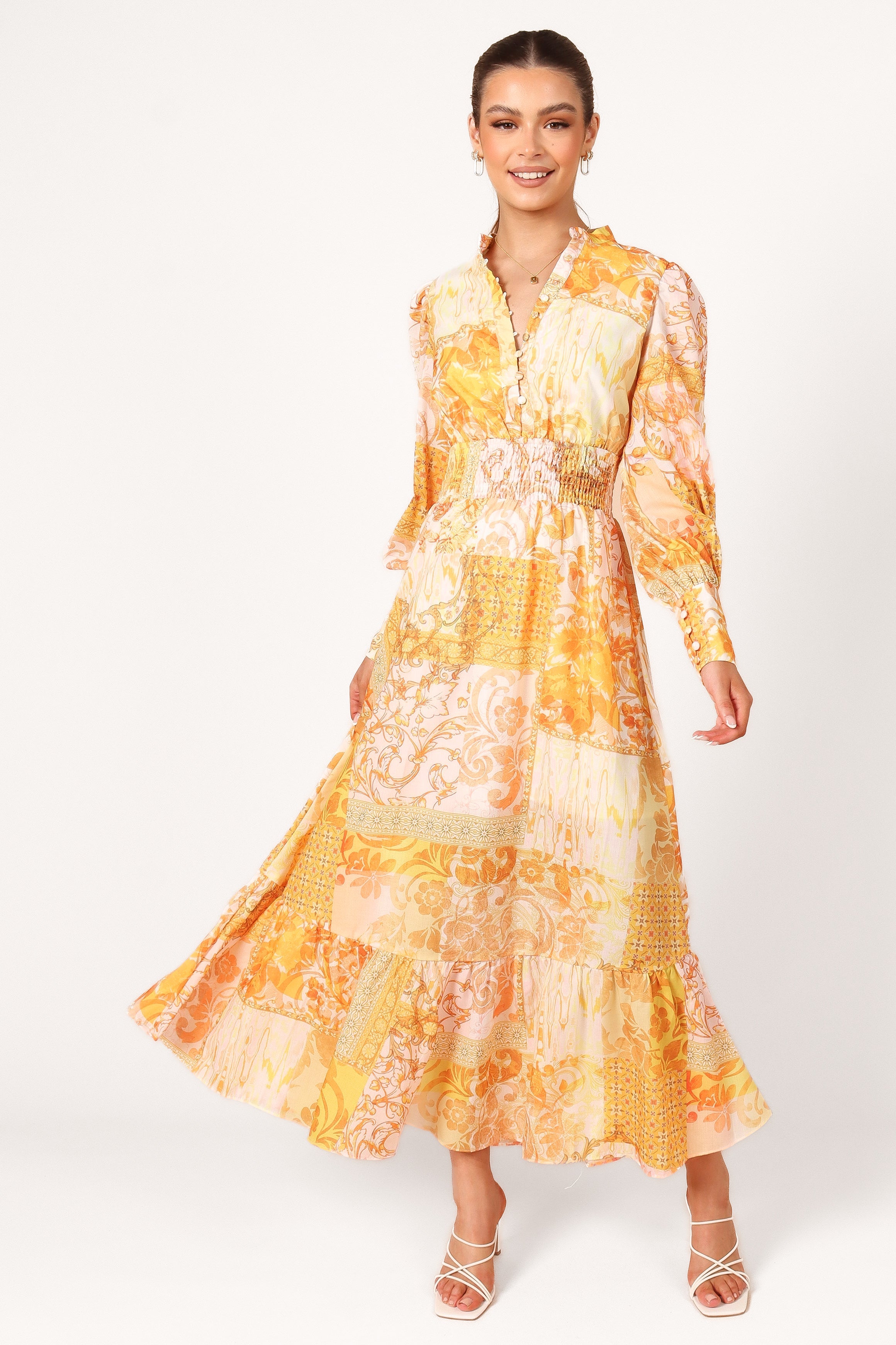 Women's Mustard Long Sleeve Maxi Dress with Elastic Waist - Comfortable Boho Style Dress for Casual Wear, Fall Fashion, and Special Occasions