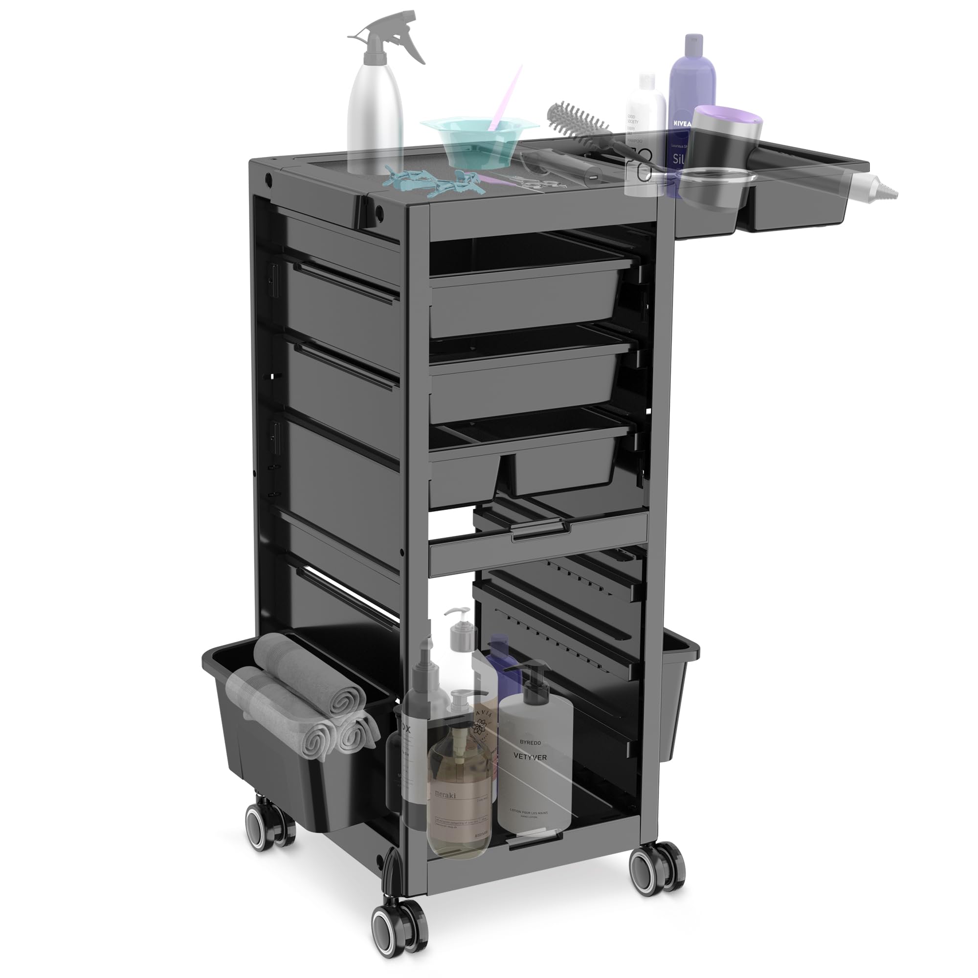 Professional Salon Trolley Cart with Wheels - Large Rolling Beauty Storage Organizer with Hair Dryer Holder, 4 Removable Drawers & 2 Buckets - Perfect for Salon, Spa, Home & Mobile Stylists - Ideal for Hair Tools, Cosmetics & Beauty Supplies Organization