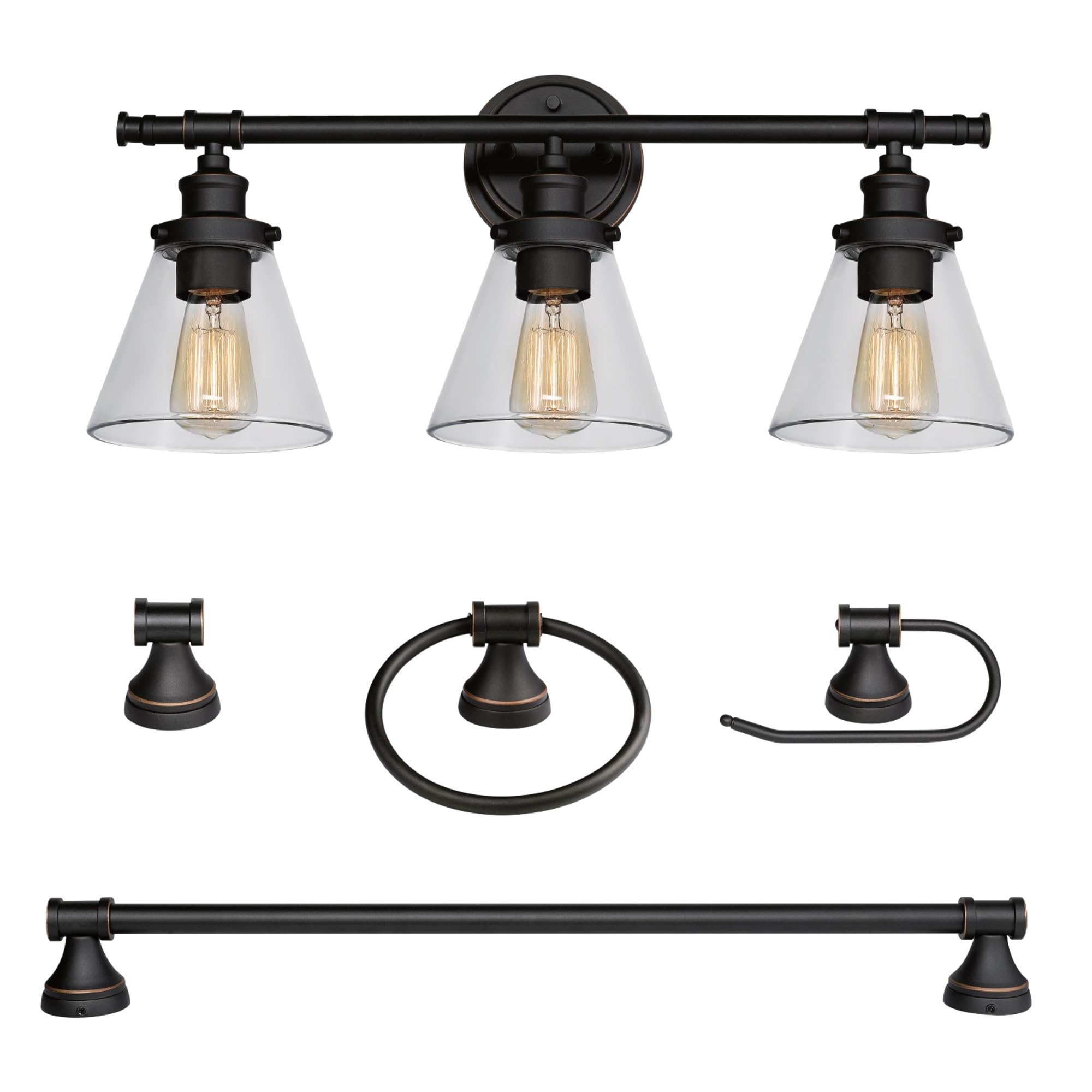 Globe Electric 50192 Parker 5-Piece Bathroom Set - Oil Rubbed Bronze Finish - Includes 3-Light Vanity Light with Clear Glass Shades, Towel Bar, Towel Ring, Robe Hook & Toilet Paper Holder - Perfect for Modern Bathroom Decor & Renovation Projects
