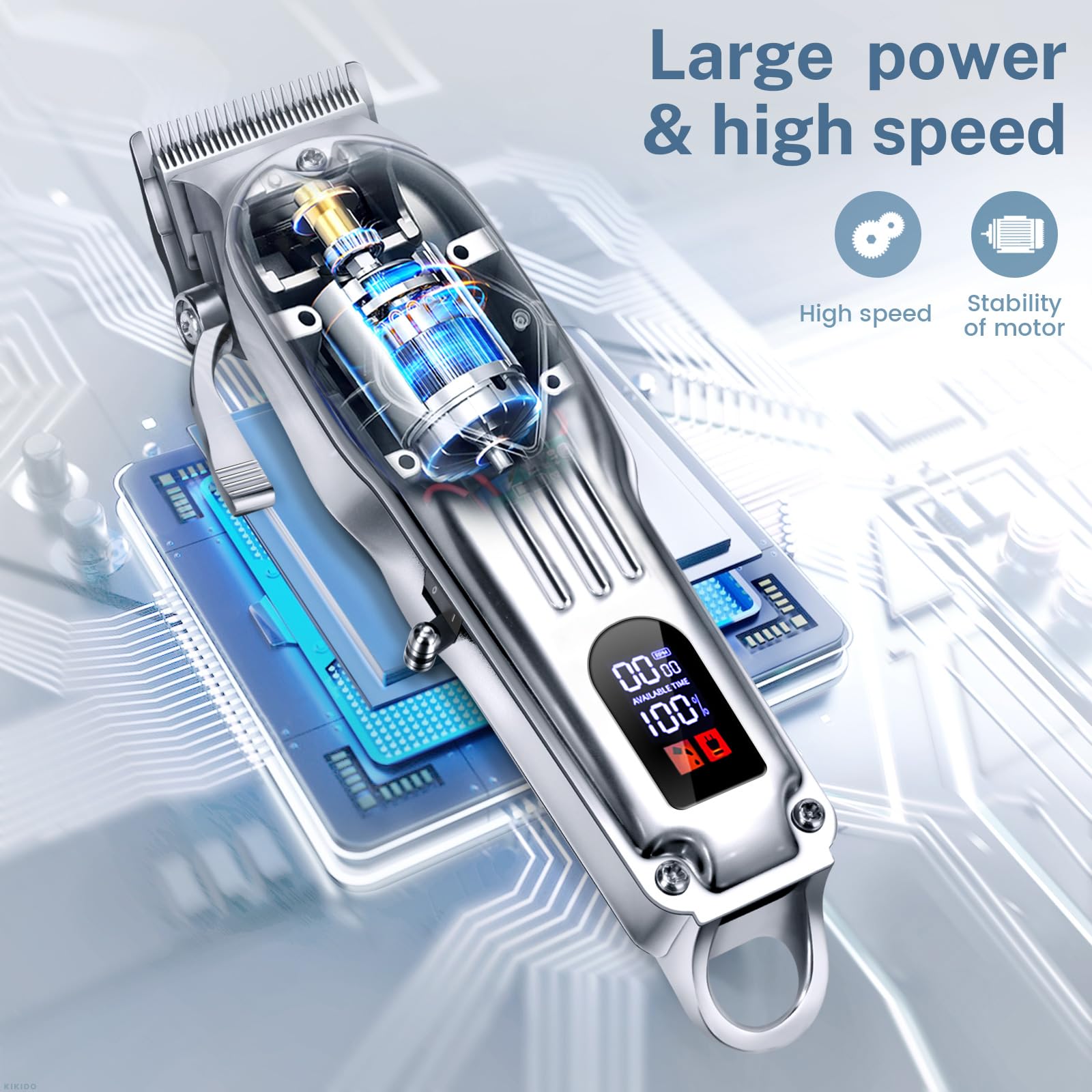 KIKIDO Professional Cordless Hair Clippers for Men - Wireless LCD Hair Trimmer Set with Rechargeable Battery for Home & Barber Use - Perfect for Family Haircuts & Styling (Silver)