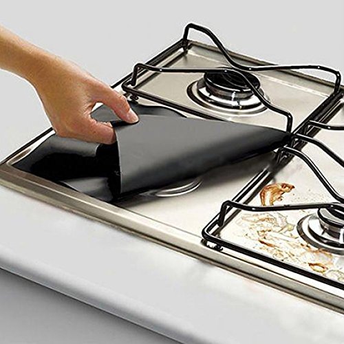 4-Pack Reusable Square Gas Stove Protector Liners - Non-Slip Hob Burner Cover Mats, Easy to Clean & Heat Resistant for Gas Cooktops (Black) - Perfect for Kitchen Safety & Stove Top Protection