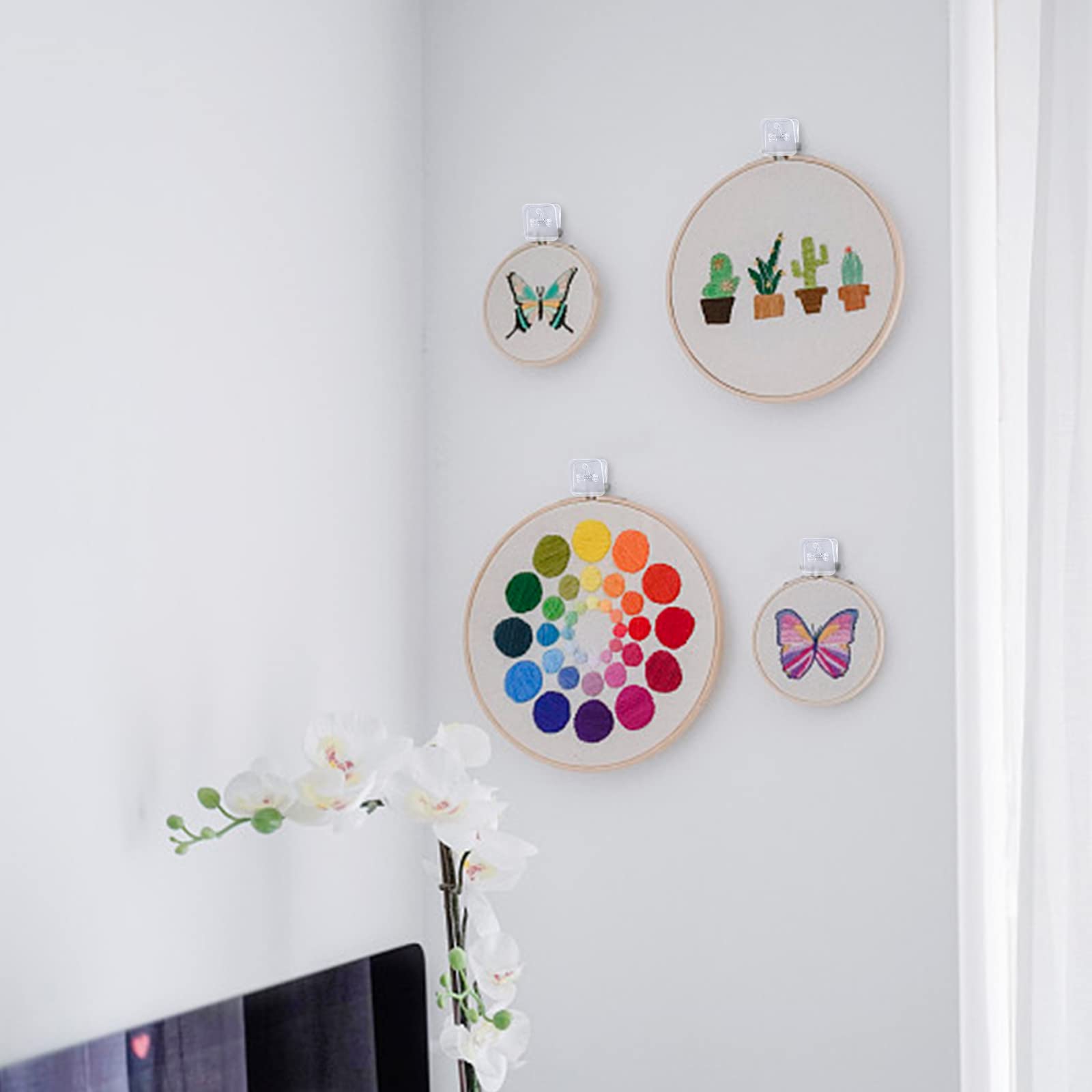 WEBEEDY 30 Pcs Self-Adhesive Wall Clips - Strong Double-Sided Sticky Hooks for Tapestry, Photos, Posters, Ropes & Home Decor - Plastic Spring Clips for Teachers, Office & Organizing (1.2x1.2 Inch) - Perfect for Hanging Lightweight Items Without Nails or Damage