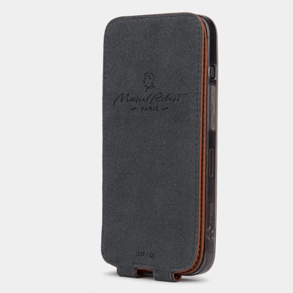 Genuine Leather Flip Case for iPhone 13 Pro Max - Premium French-Made Patented Design - Caramel Brown - Slim Protective Cover for Everyday Use & Business Style
