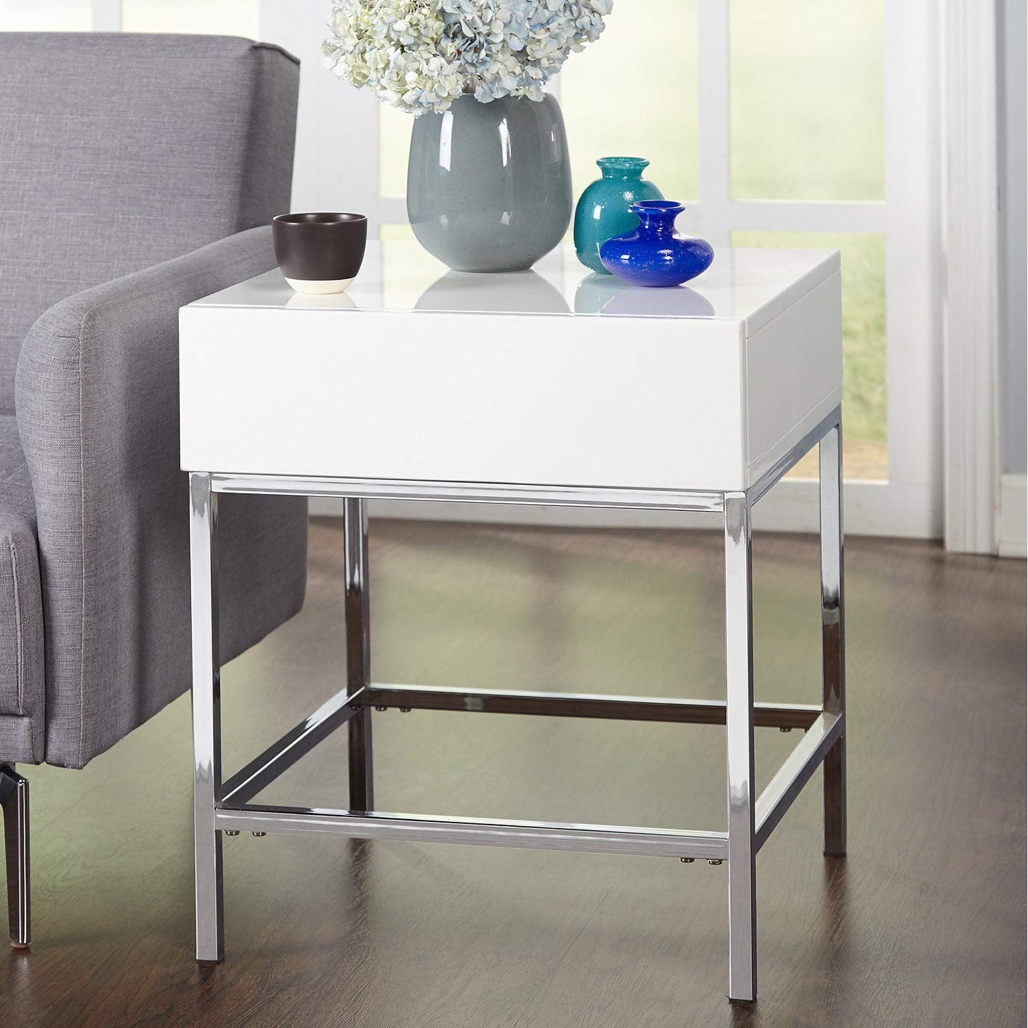 Modern White High-Gloss Metal End Table with Square MDF Drawers - Contemporary Nightstand for Living Room, Bedroom & Office Storage Solution