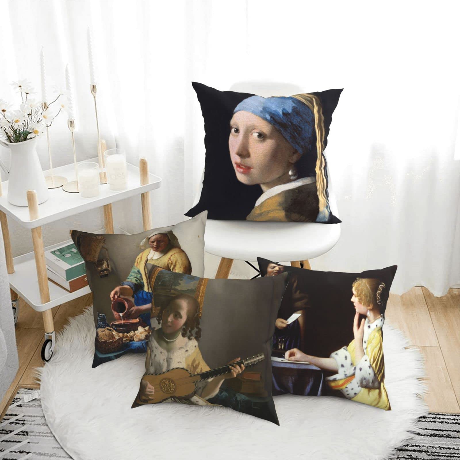 Johannes Vermeer Art Throw Pillow Covers Set of 4 - 18x18 Inch Square Decorative Cushion Covers for Sofa, Bed & Outdoor Use (45x45 cm)