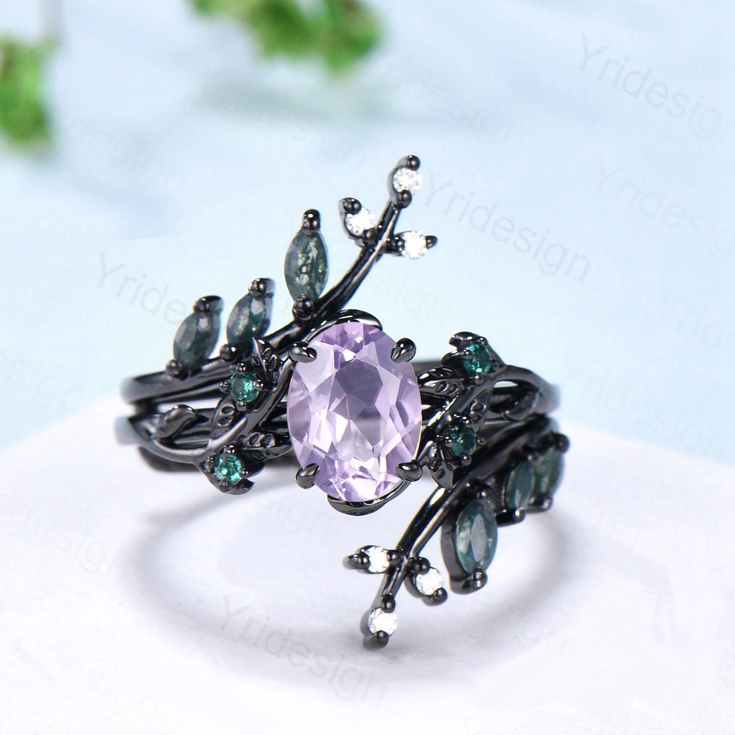 Nature Inspired Lavender Amethyst Engagement Ring Set - Black Gold Unique Leaf Vine Marquise Moss Agate Gothic Bridal Wedding Jewelry (2pc) | Perfect for Boho Weddings, Nature-Themed Proposals & Alternative Bridal Style