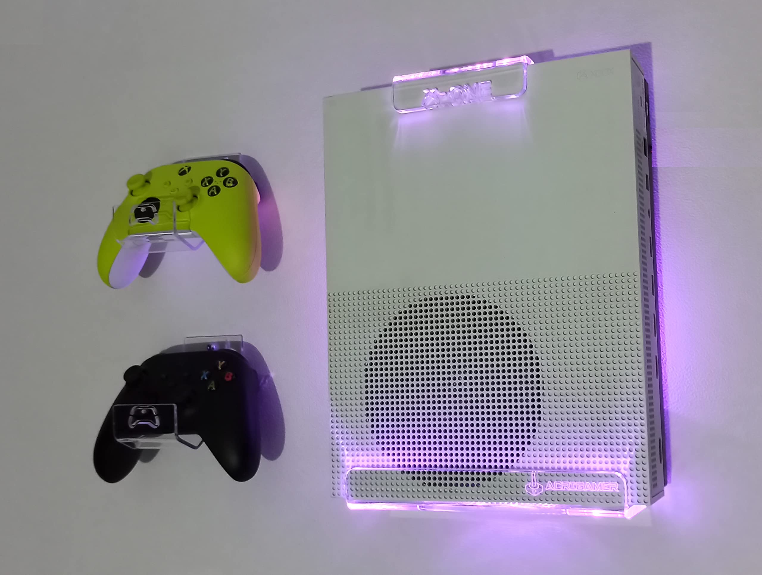 Xbox One Wall Mount with Multicolor LED Lighting Kit & 2 Controller Holders (Includes 1st Gen FAT Model) - Perfect for Gaming Room Setup & Console Organization