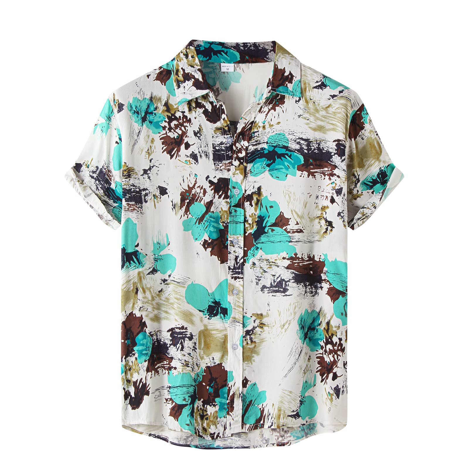 Men's Casual Short Sleeve Button Down Shirt - Beach Watercolor Print Stripe Collar Shirt for Summer Outings, Vacations & Outdoor Activities