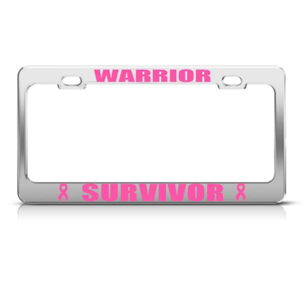 Stainless Steel Breast Cancer Survivor License Plate Frame - Pink Ribbon Car Accessory with 2 Holes | Durable Metal Car Decoration for Awareness & Support