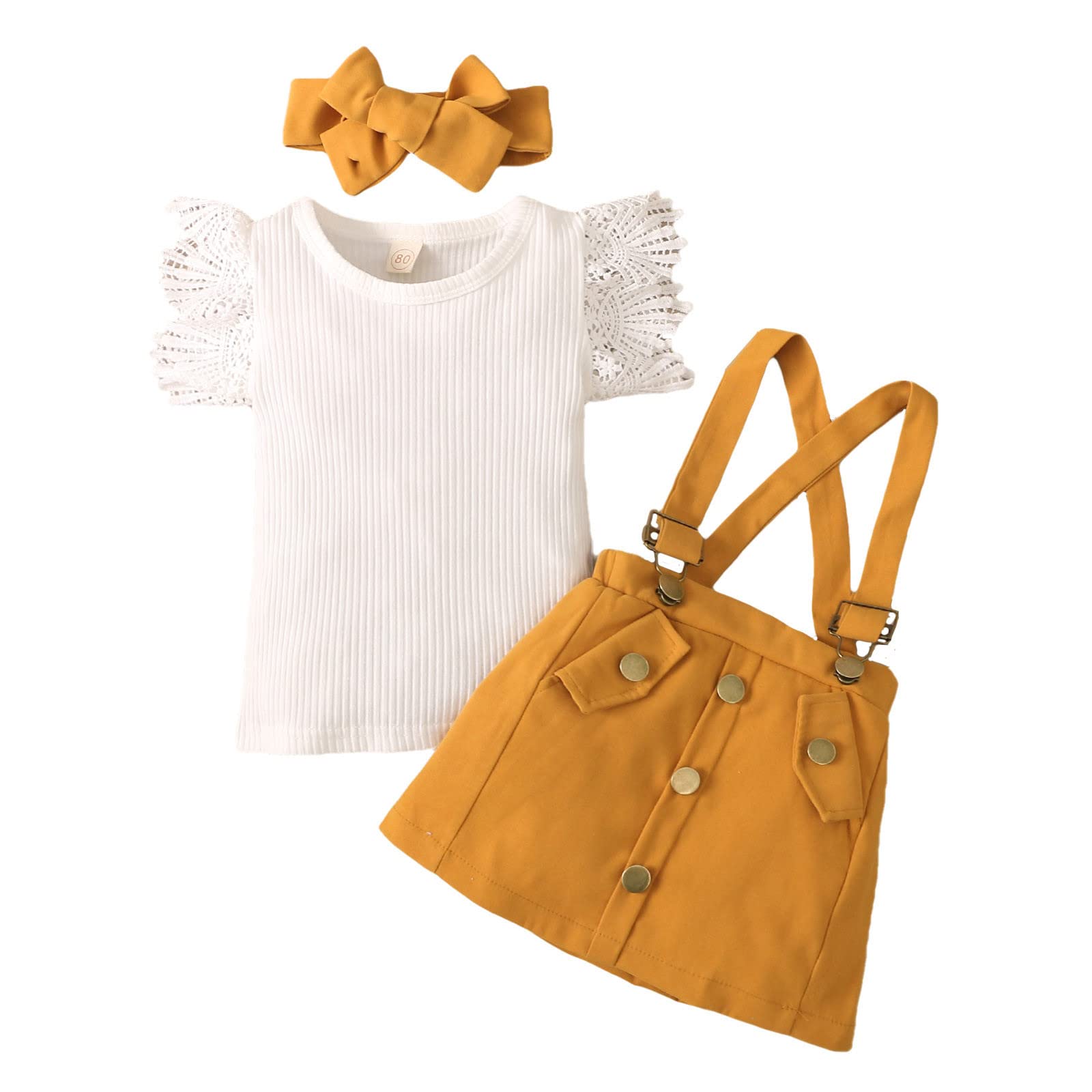 **Toddler Girls Outfits Set - Lace Ruffles Fly Sleeve Ribbed T-Shirt & Suspenders Skirt with Headband - Cute Casual Playdate & Party Dress Up**