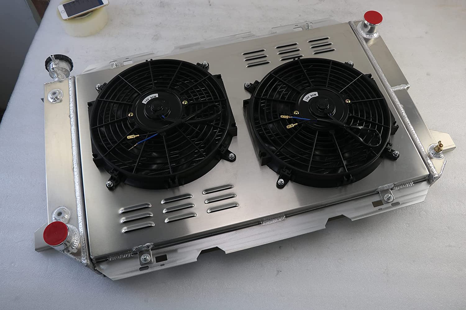 High Performance 62MM 4-Row Aluminum Radiator for 1985-1997 Ford F-Series (F150/F250/F350/F53/Bronco) 5.0L 5.8L 7.3L 7.5L V8 Engines - Includes Electric Fan Shroud & Thermostat Kit - Perfect for Off-Roading, Towing & Heavy-Duty Use