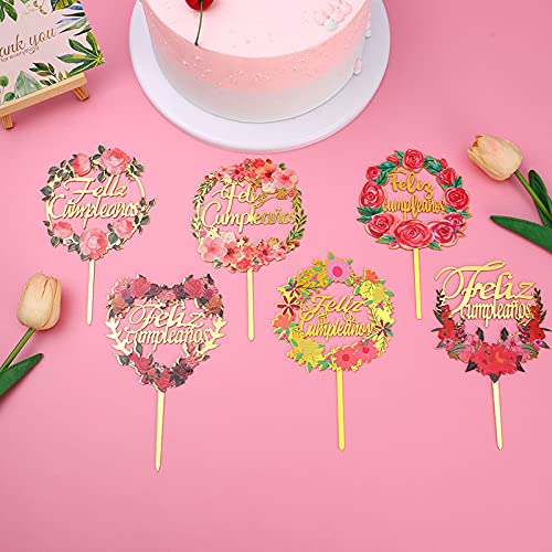 6 Pack Happy Birthday Cake Toppers - Acrylic Floral Cupcake Decorations with Gold Glitter for Girls, Boys & Adults - Perfect for Birthday Parties, Baby Showers & Wedding Celebrations