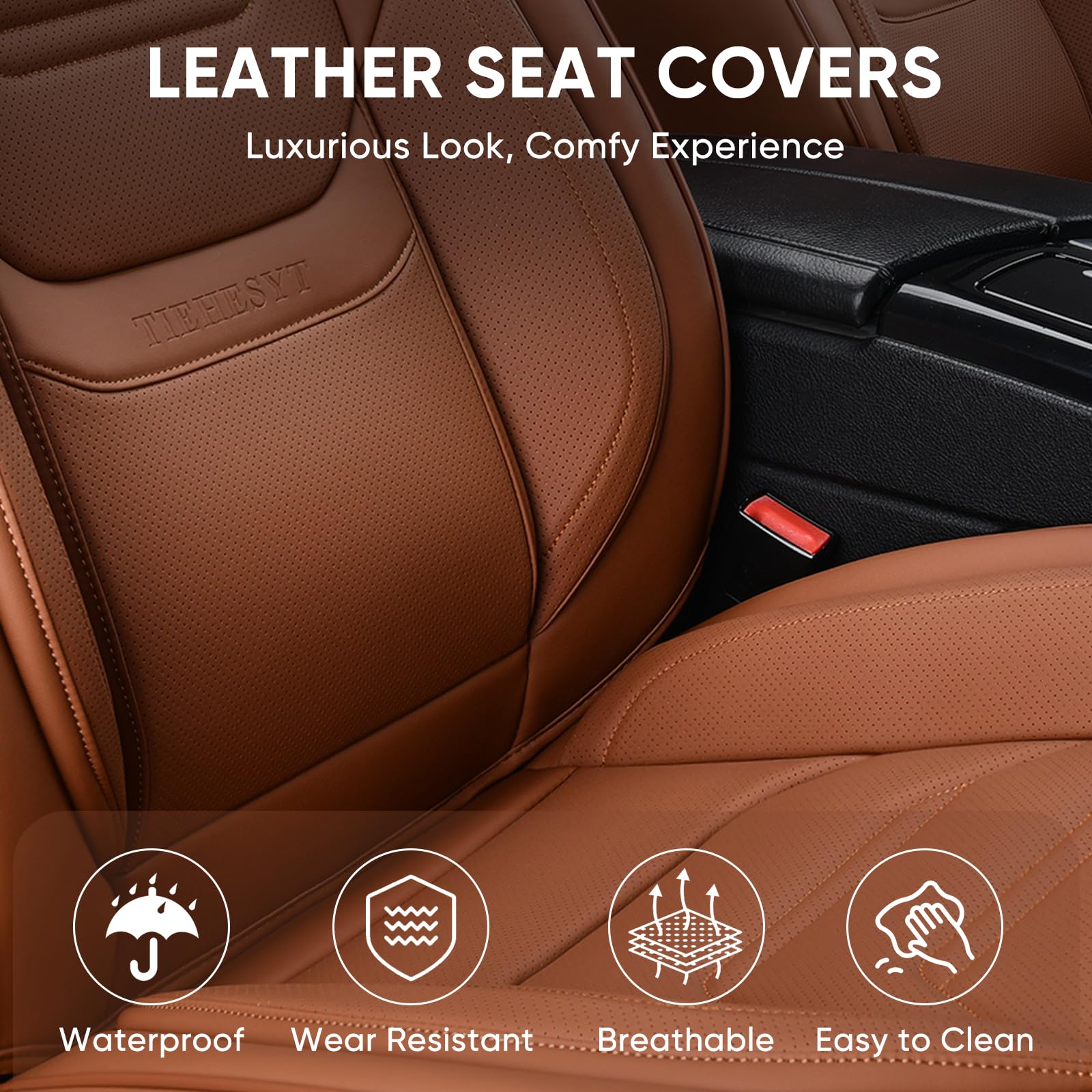 Premium Breathable Leather Car Seat Covers Full Set - Front & Rear Seats with Headrests | Universal Fit for Most Vehicles | Reduces Driving Fatigue | Perfect for Daily Commutes, Road Trips & Long Drives (Brown)