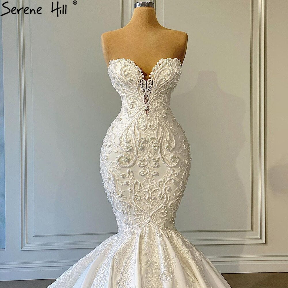 Serene Hill Ivory Mermaid Elegant Wedding Dress 2025 - Satin Beaded Pearl Bridal Gown HA2508 | Luxury Formal Gown for Beach Weddings, Church Ceremonies & Red Carpet Events