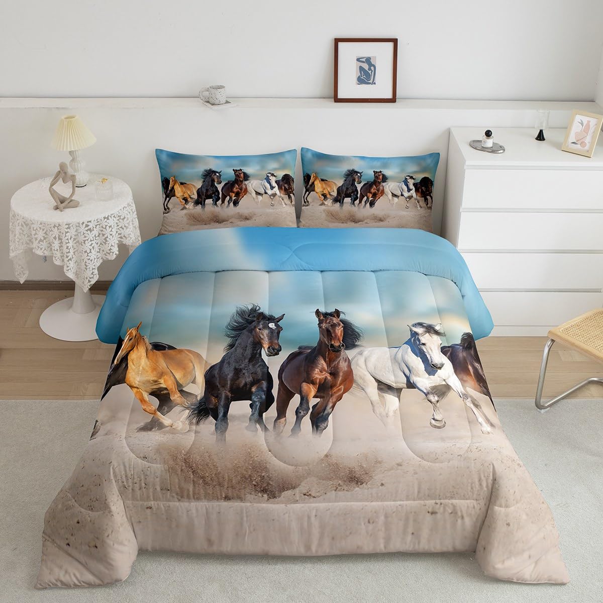 Erosebridal Black Horse Comforter Set Twin Size - 3D Galloping Steed Quilt Set for Kids, Boys, Teens & Adults | Farm Animal Themed Bedding | Rustic Country Style Duvet Cover in Blue & Brown | Perfect for Bedroom Decor, Farmhouse Style Rooms & Western Themed Nurseries