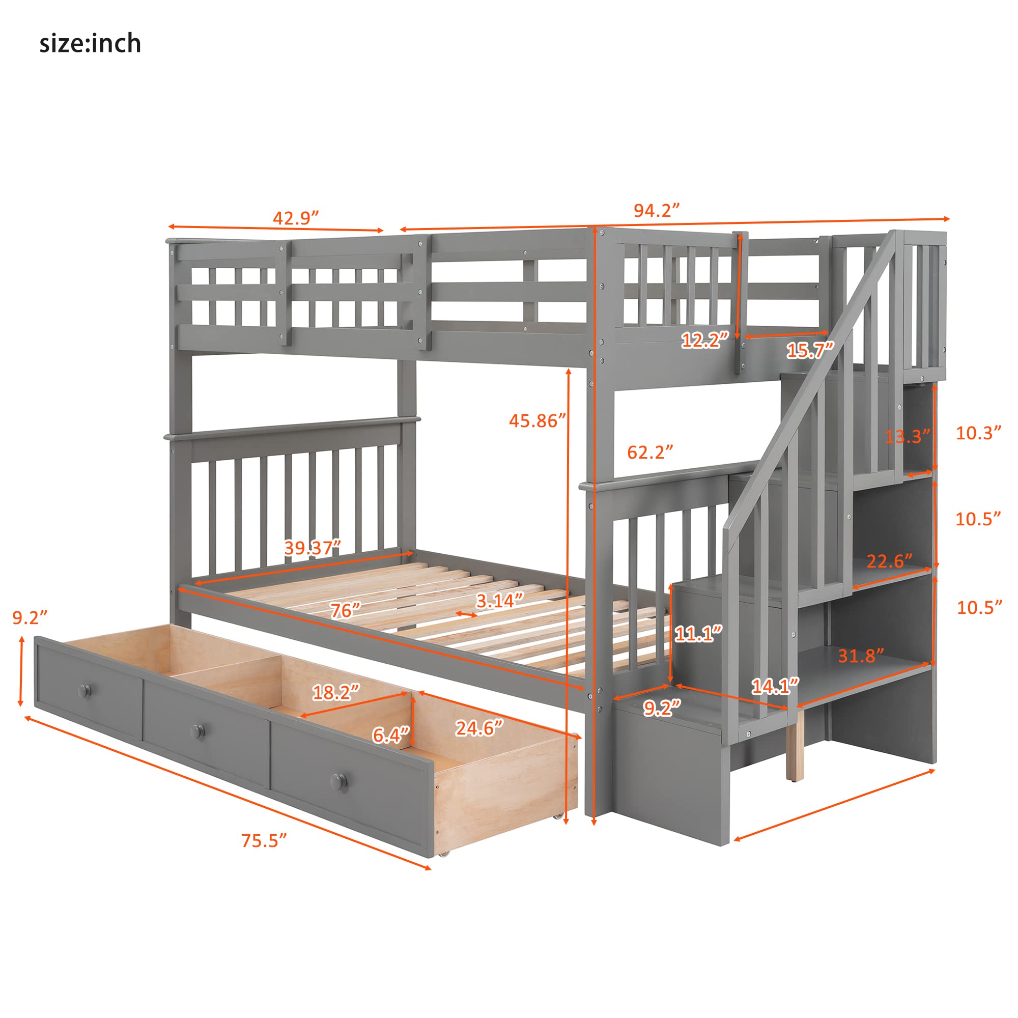 Twin Over Twin Bunk Bed with Storage Drawers & Stairs - Grey for Kids' Bedroom