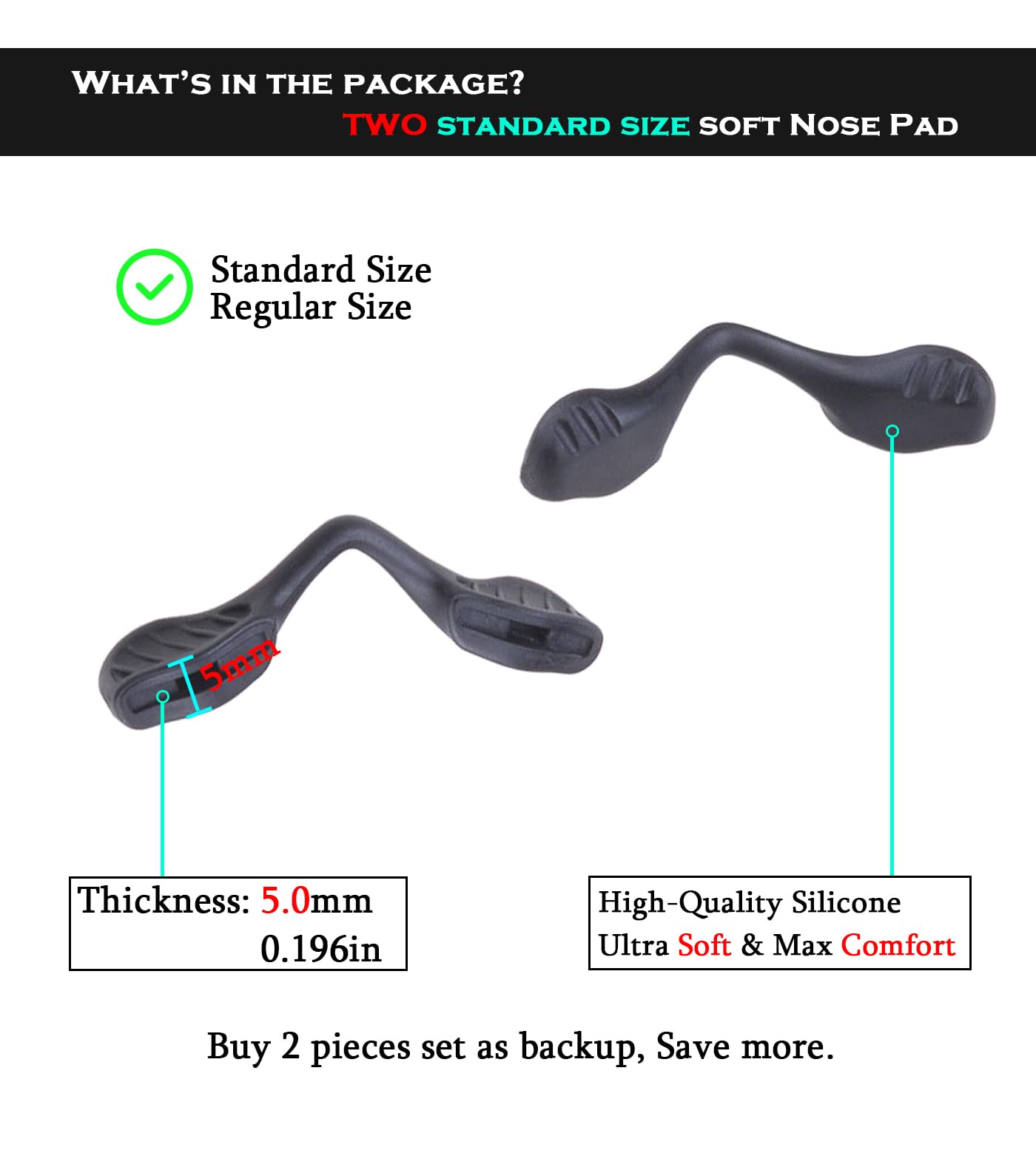 2 Pcs Replacement Nose Pads for Oakley Radar EV Path/Radar Path Sunglasses - Black Standard Fit Nose Piece - Compatible with OJ9001, OO9182, OO9183, OO9184, OO9208, OO9211, OO9333 Models - Perfect for Sports, Running & Outdoor Activities