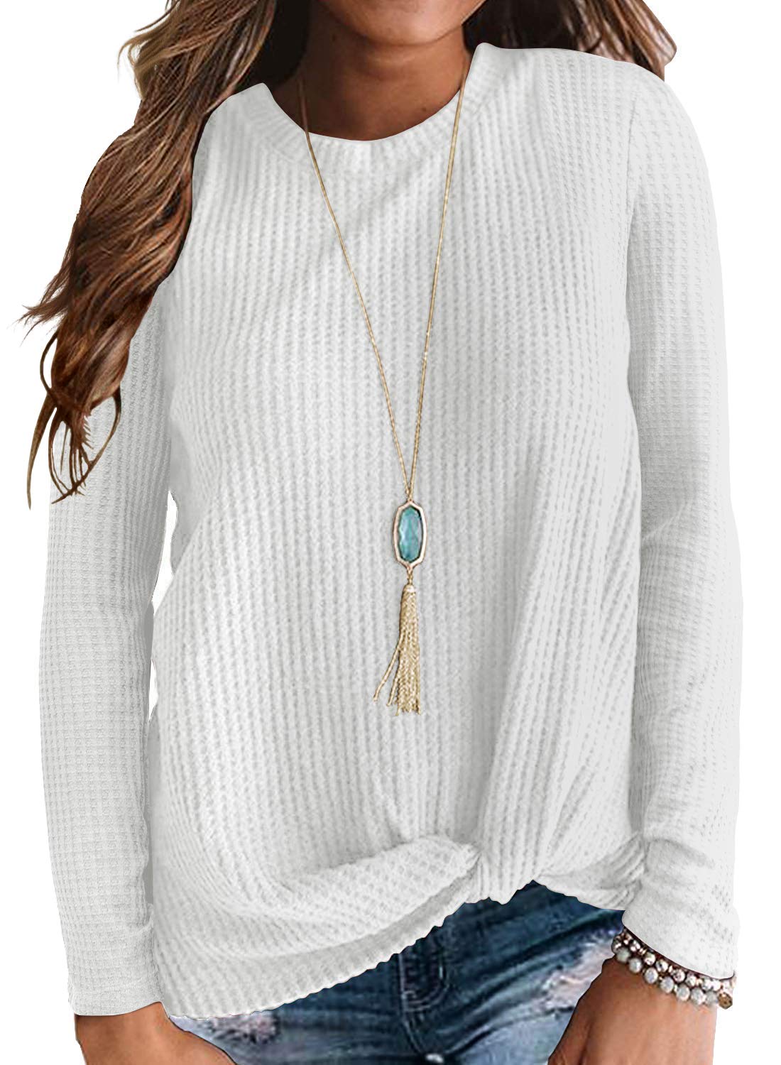 Neineiwu Women's Casual Long Sleeve Twist Knot Waffle Knit Shirt - Loose Blouse Tops for Fall & Winter | Cute Office Wear & Weekend Outfits